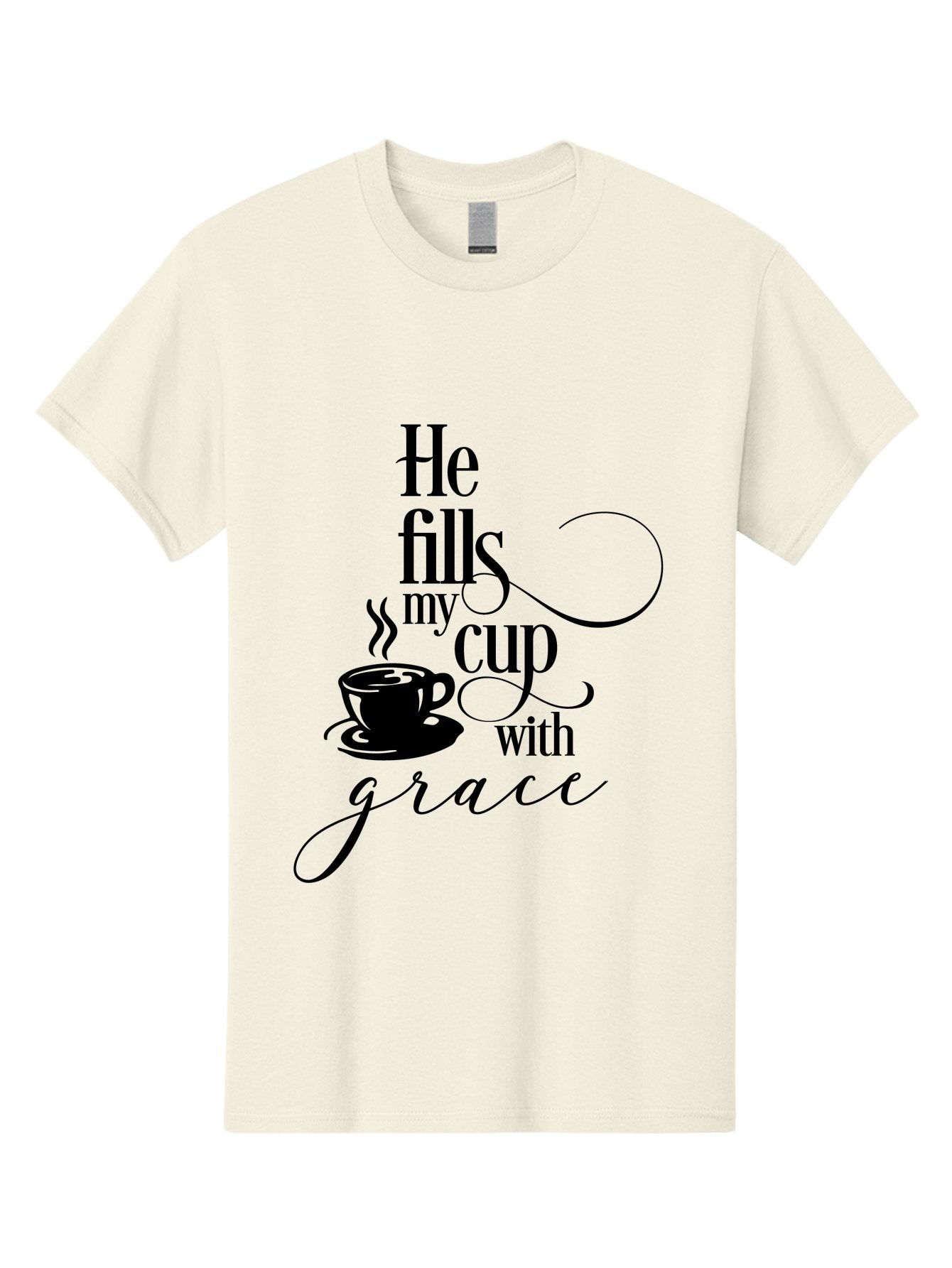 He-Fills-My-Cup-With-Grace Men'S Graphic Tee, 100% Cotton, Comfortable Casual Summer Wear, Machine Washable, Inspirational Quote, Coffee Cup, Steaming Hot, Morning Motivation, Faith-Based Design, Coffee Break, Motivational Words, Aac802