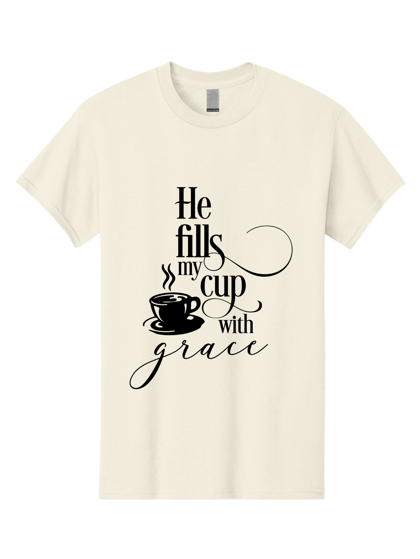 He-Fills-My-Cup-With-Grace Men'S Graphic Tee, 100% Cotton, Comfortable Casual Summer Wear, Machine Washable, Inspirational Quote, Coffee Cup, Steaming Hot, Morning Motivation, Faith-Based Design, Coffee Break, Motivational Words, Aac802 19