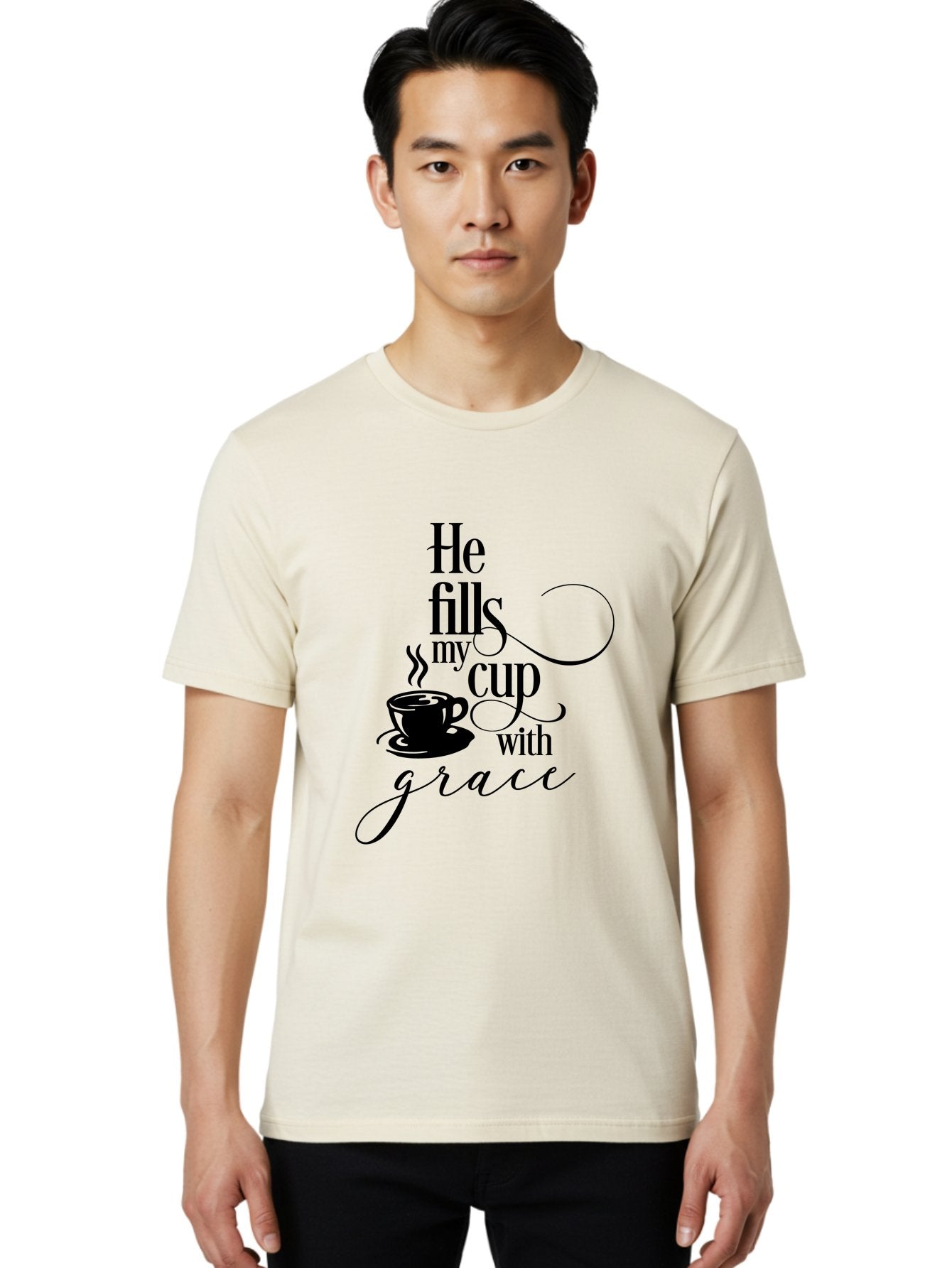 He-Fills-My-Cup-With-Grace Men'S Graphic Tee, 100% Cotton, Comfortable Casual Summer Wear, Machine Washable, Inspirational Quote, Coffee Cup, Steaming Hot, Morning Motivation, Faith-Based Design, Coffee Break, Motivational Words, Aac802 21