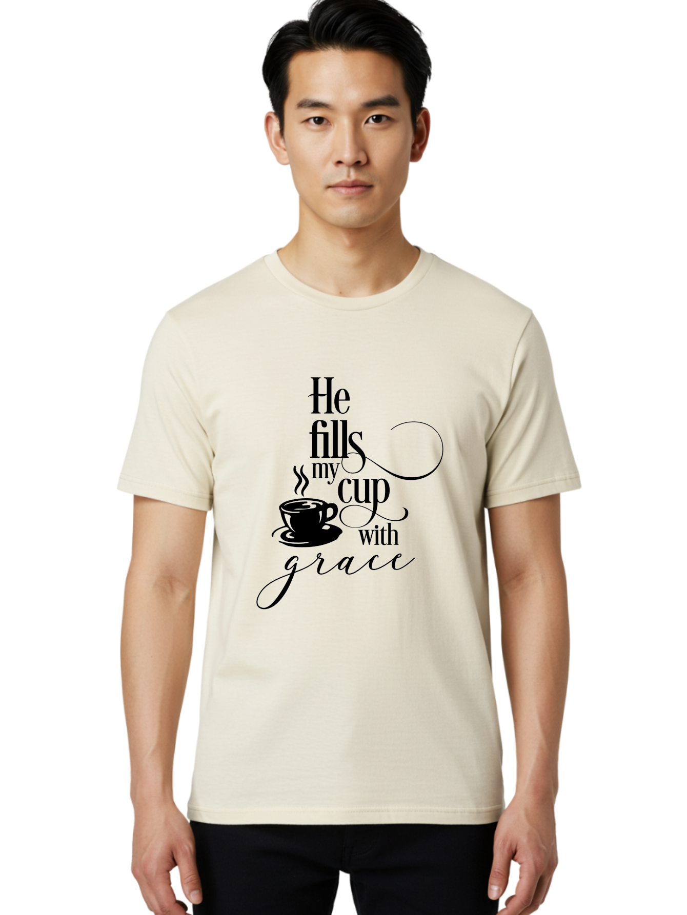 He-Fills-My-Cup-With-Grace Men'S Graphic Tee, 100% Cotton, Comfortable Casual Summer Wear, Machine Washable, Inspirational Quote, Coffee Cup, Steaming Hot, Morning Motivation, Faith-Based Design, Coffee Break, Motivational Words, Aac802 20