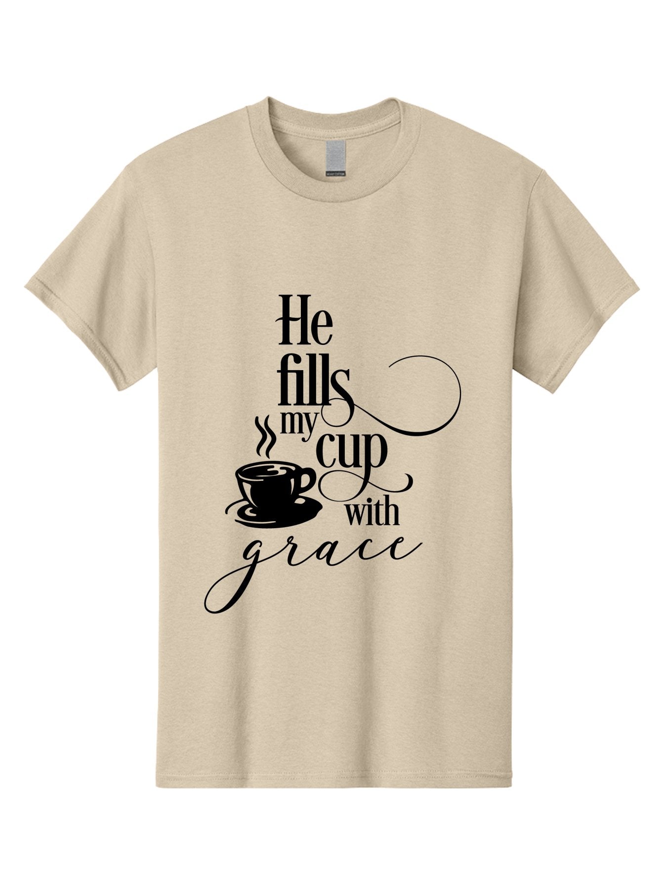 He-Fills-My-Cup-With-Grace Men'S Graphic Tee, 100% Cotton, Comfortable Casual Summer Wear, Machine Washable, Inspirational Quote, Coffee Cup, Steaming Hot, Morning Motivation, Faith-Based Design, Coffee Break, Motivational Words, Aac802 12