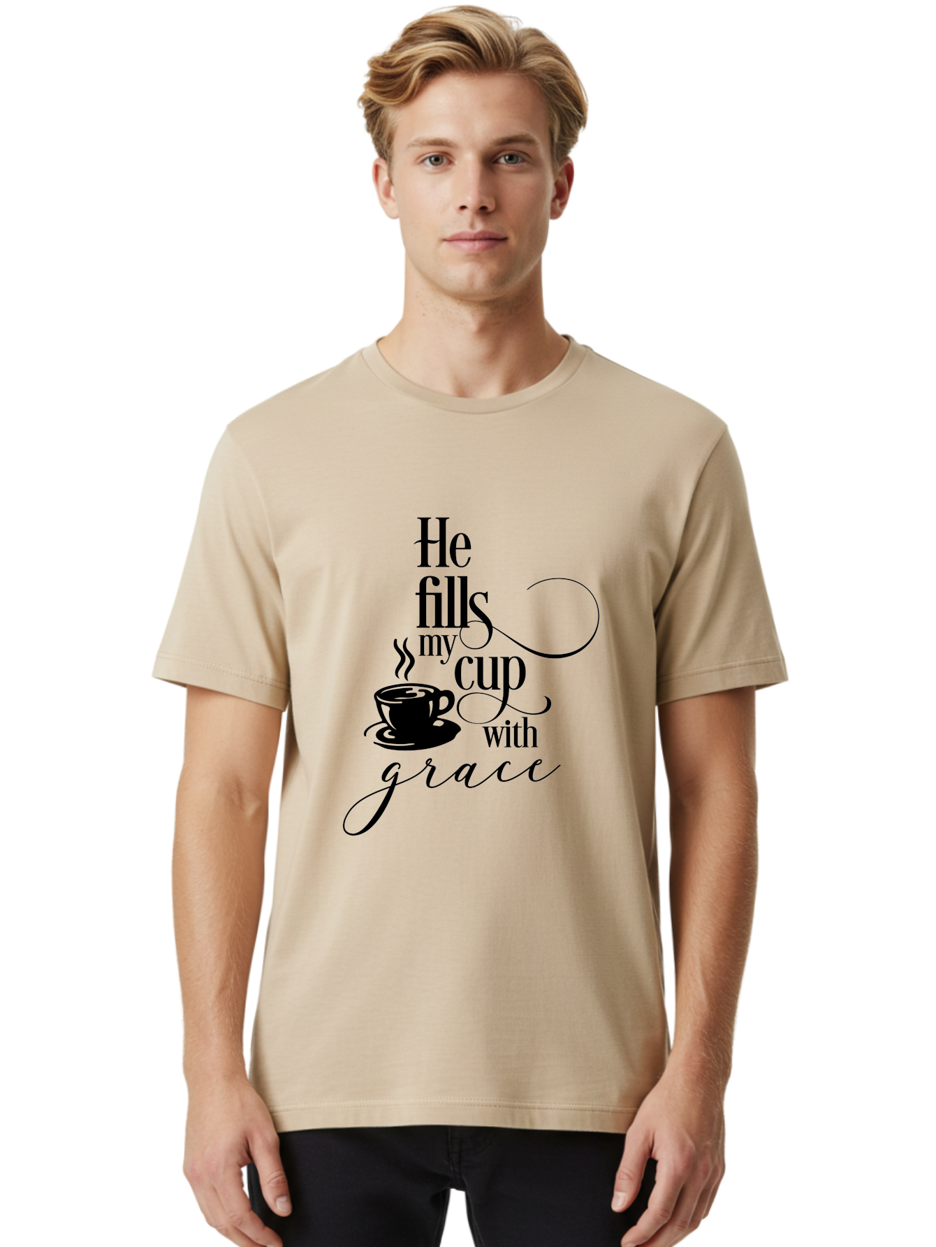 He-Fills-My-Cup-With-Grace Men'S Graphic Tee, 100% Cotton, Comfortable Casual Summer Wear, Machine Washable, Inspirational Quote, Coffee Cup, Steaming Hot, Morning Motivation, Faith-Based Design, Coffee Break, Motivational Words, Aac802 6