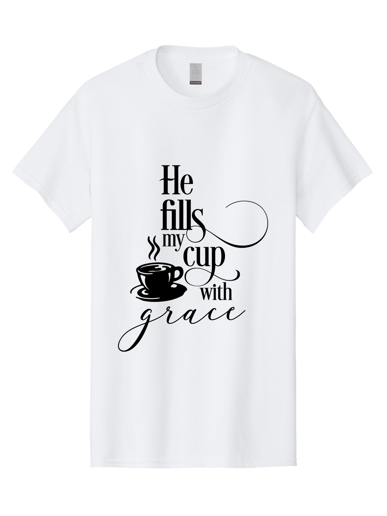 He-Fills-My-Cup-With-Grace Men'S Graphic Tee, 100% Cotton, Comfortable Casual Summer Wear, Machine Washable, Inspirational Quote, Coffee Cup, Steaming Hot, Morning Motivation, Faith-Based Design, Coffee Break, Motivational Words, Aac802 15