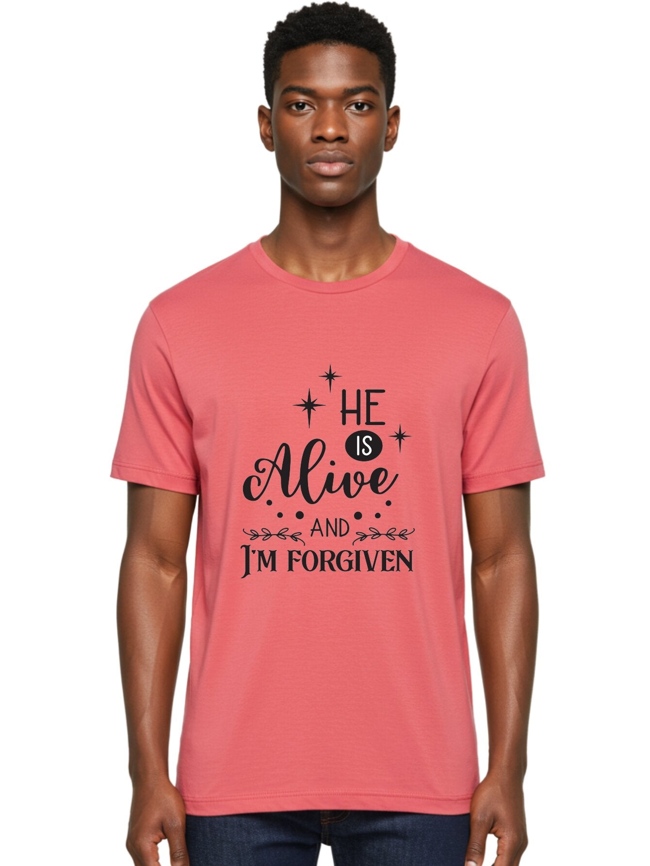 He-Is-Alive-And-I-M-Forgiven Men'S Graphic Tee, 100% Cotton, Comfortable Casual Summer Wear, Machine Washable, Inspirational Quote, Christian Message, Faith And Spirituality, Religious Text, Forgiveness And Salvation, Motivational Words, Aac805 18