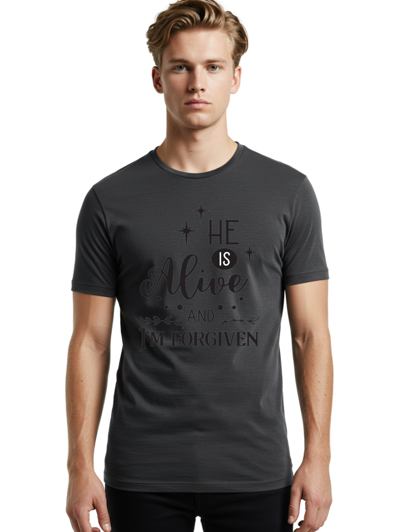 He-Is-Alive-And-I-M-Forgiven Men'S Graphic Tee, 100% Cotton, Comfortable Casual Summer Wear, Machine Washable, Inspirational Quote, Christian Message, Faith And Spirituality, Religious Text, Forgiveness And Salvation, Motivational Words, Aac805 8