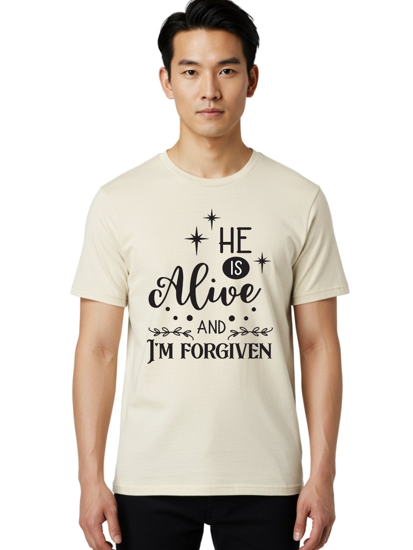 He-Is-Alive-And-I-M-Forgiven Men'S Graphic Tee, 100% Cotton, Comfortable Casual Summer Wear, Machine Washable, Inspirational Quote, Christian Message, Faith And Spirituality, Religious Text, Forgiveness And Salvation, Motivational Words, Aac805 30