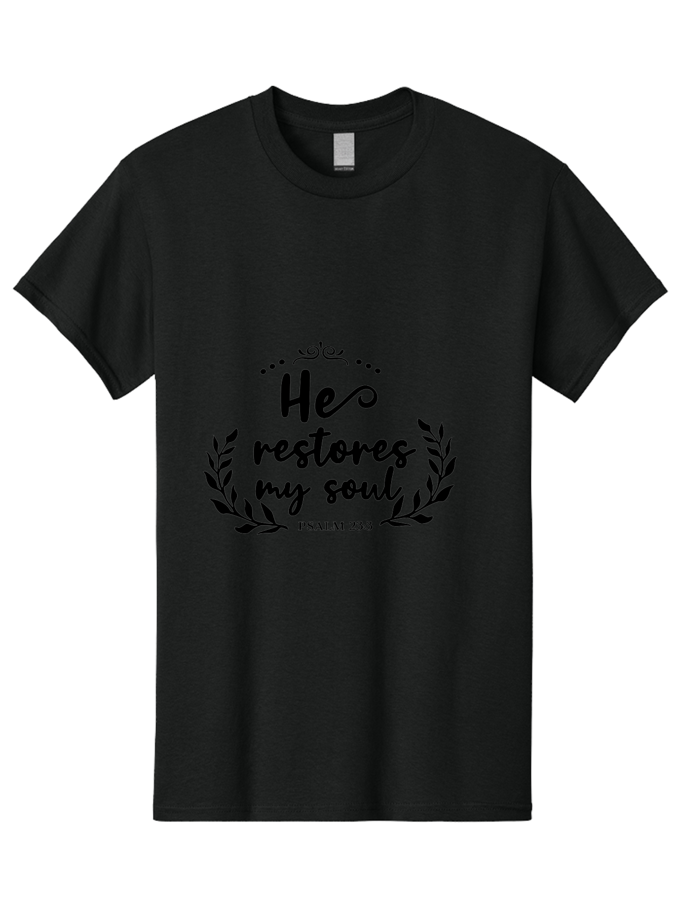 He-Restores-My-Soul Men'S Graphic Tee, 100% Cotton, Comfortable Casual Summer Wear, Machine Washable, Inspirational Quote, Psalm 23:3, Spiritual Message, Faith-Based Design, Motivational Quote, Biblical Verse, Soul Restoration, Leaves Wreath, Aac806 19