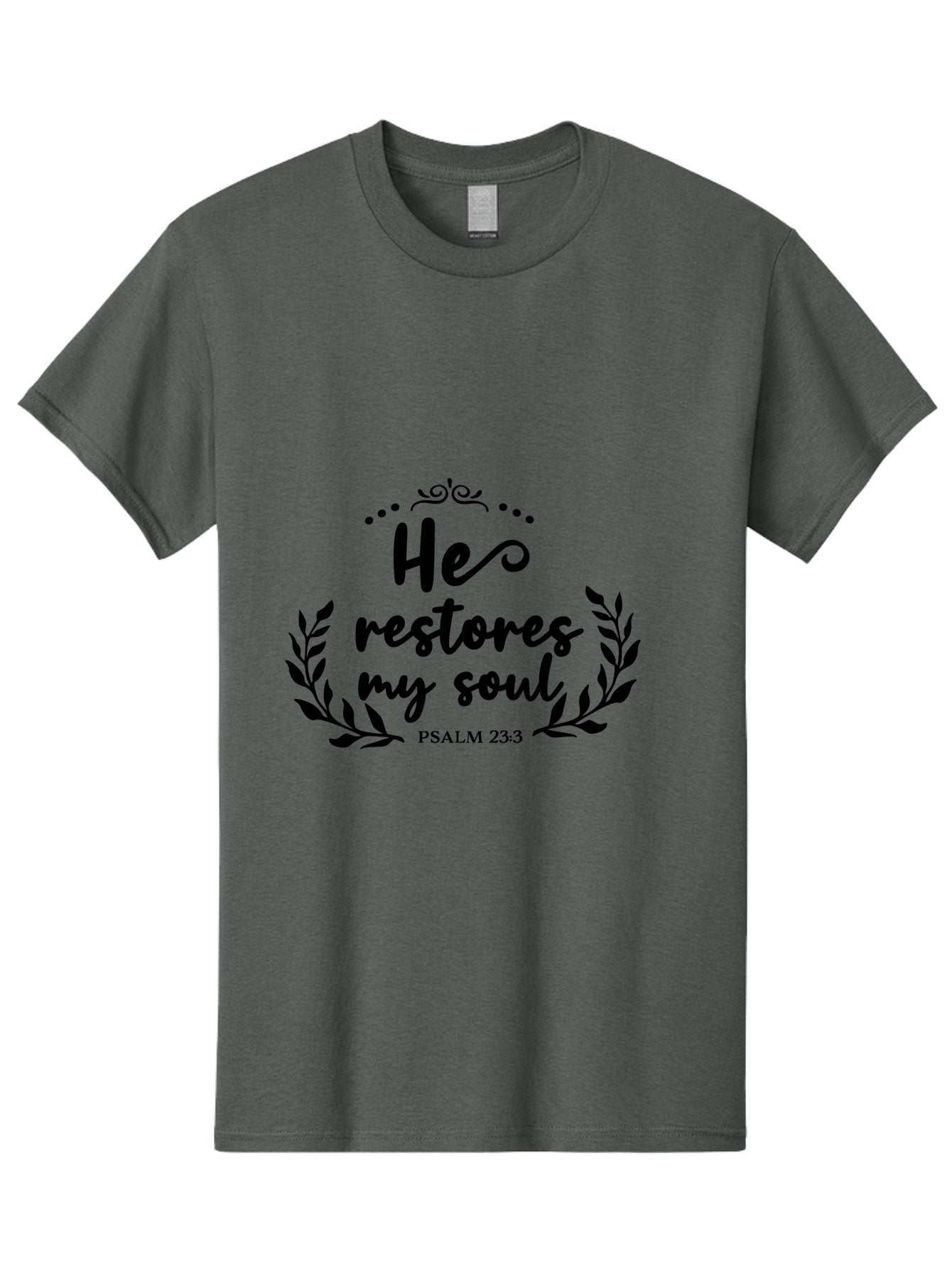 He-Restores-My-Soul Men'S Graphic Tee, 100% Cotton, Comfortable Casual Summer Wear, Machine Washable, Inspirational Quote, Psalm 23:3, Spiritual Message, Faith-Based Design, Motivational Quote, Biblical Verse, Soul Restoration, Leaves Wreath, Aac806 5