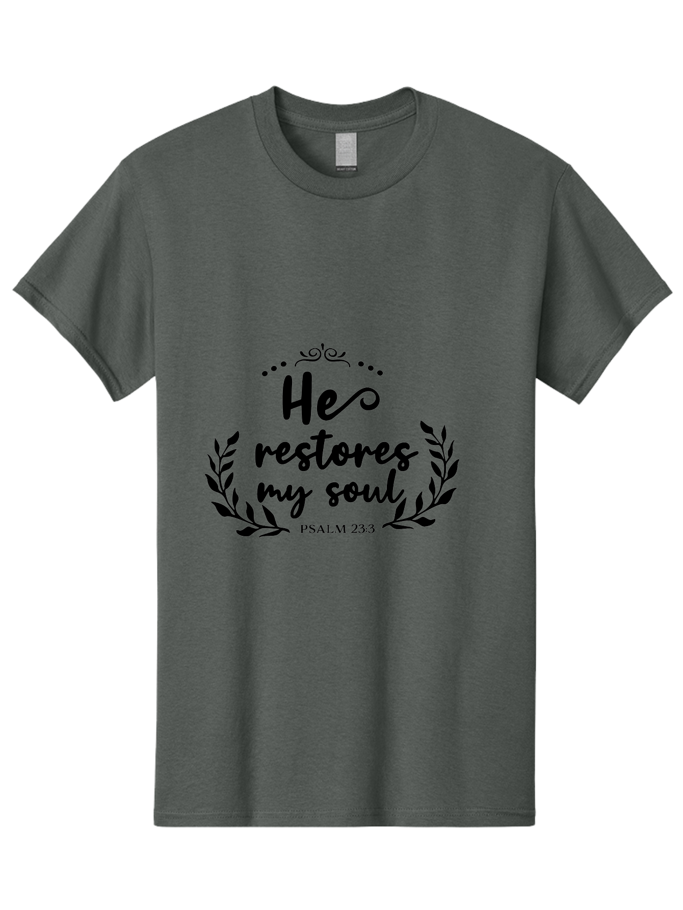 He-Restores-My-Soul Men'S Graphic Tee, 100% Cotton, Comfortable Casual Summer Wear, Machine Washable, Inspirational Quote, Psalm 23:3, Spiritual Message, Faith-Based Design, Motivational Quote, Biblical Verse, Soul Restoration, Leaves Wreath, Aac806 15