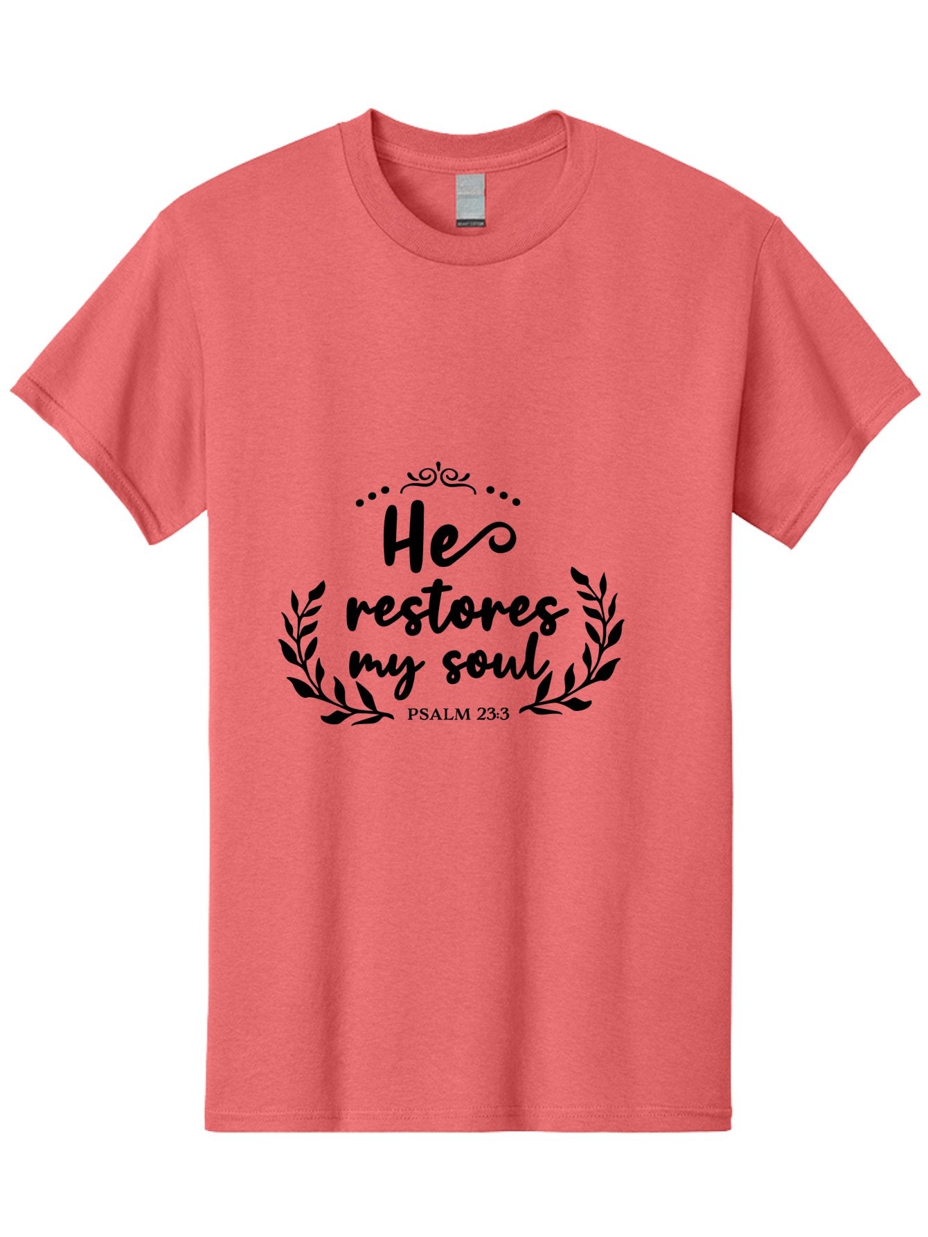 He-Restores-My-Soul Men'S Graphic Tee, 100% Cotton, Comfortable Casual Summer Wear, Machine Washable, Inspirational Quote, Psalm 23:3, Spiritual Message, Faith-Based Design, Motivational Quote, Biblical Verse, Soul Restoration, Leaves Wreath, Aac806 3