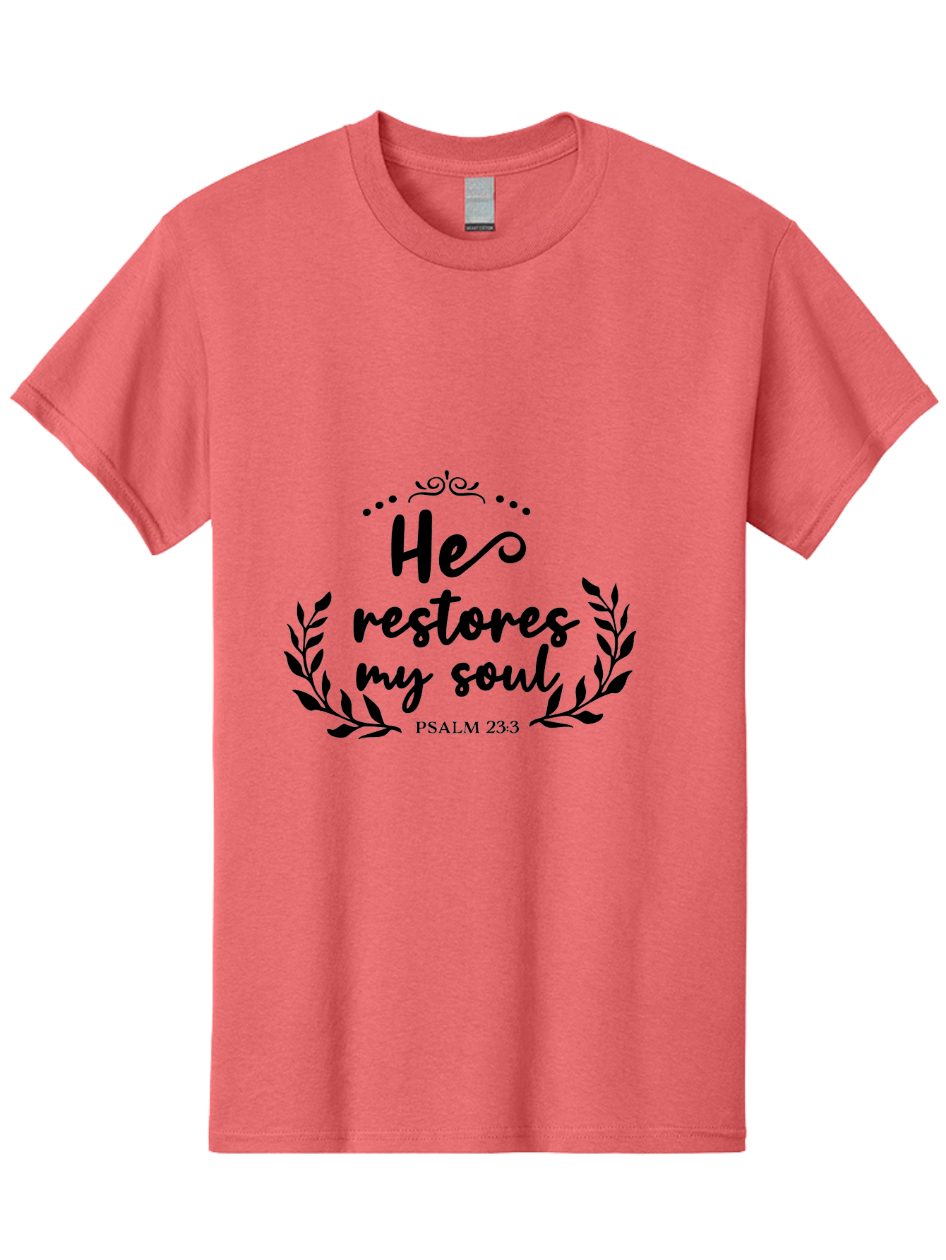 He-Restores-My-Soul Men'S Graphic Tee, 100% Cotton, Comfortable Casual Summer Wear, Machine Washable, Inspirational Quote, Psalm 23:3, Spiritual Message, Faith-Based Design, Motivational Quote, Biblical Verse, Soul Restoration, Leaves Wreath, Aac806 17