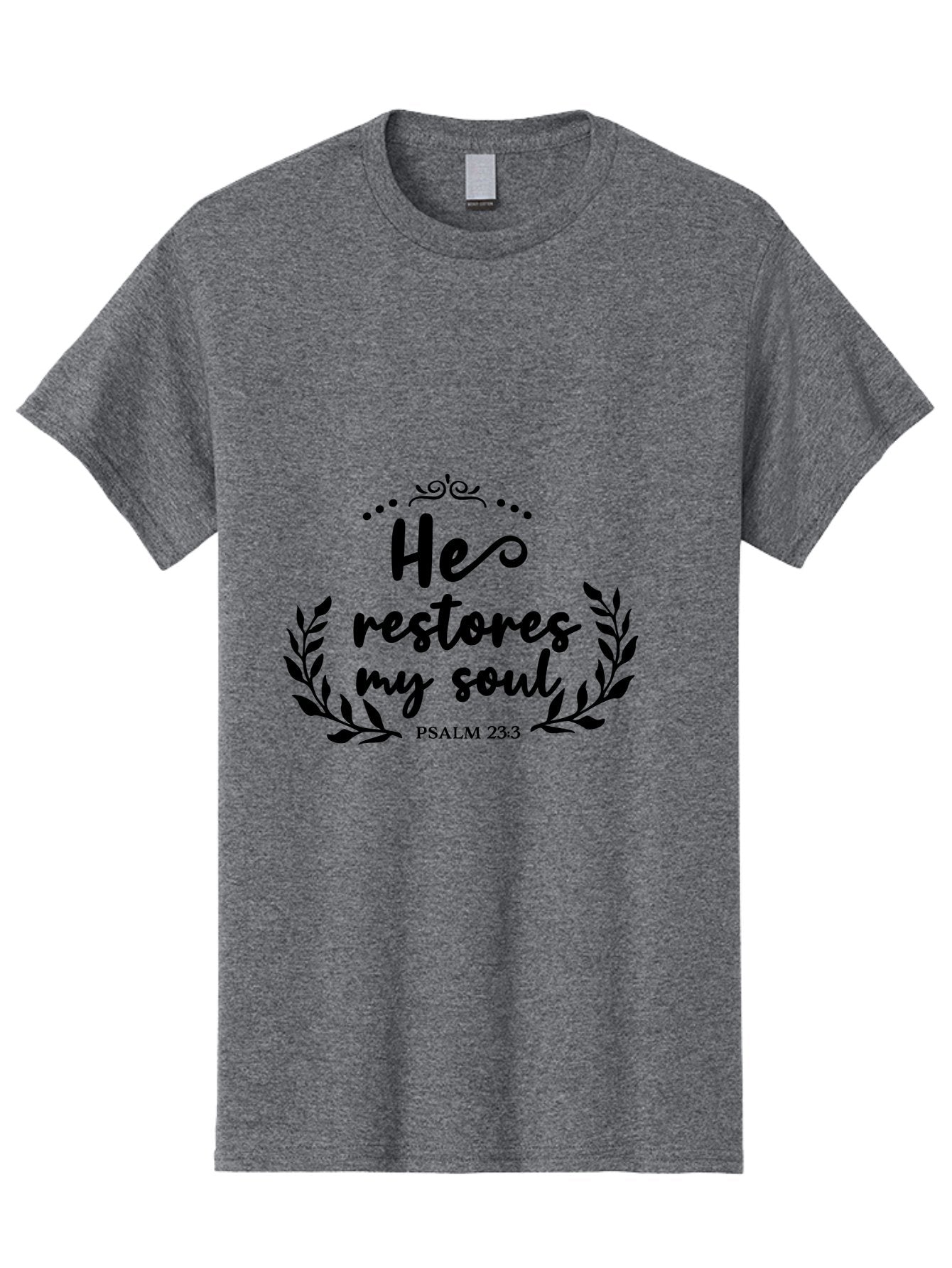 He-Restores-My-Soul Men'S Graphic Tee, 100% Cotton, Comfortable Casual Summer Wear, Machine Washable, Inspirational Quote, Psalm 23:3, Spiritual Message, Faith-Based Design, Motivational Quote, Biblical Verse, Soul Restoration, Leaves Wreath, Aac806 7