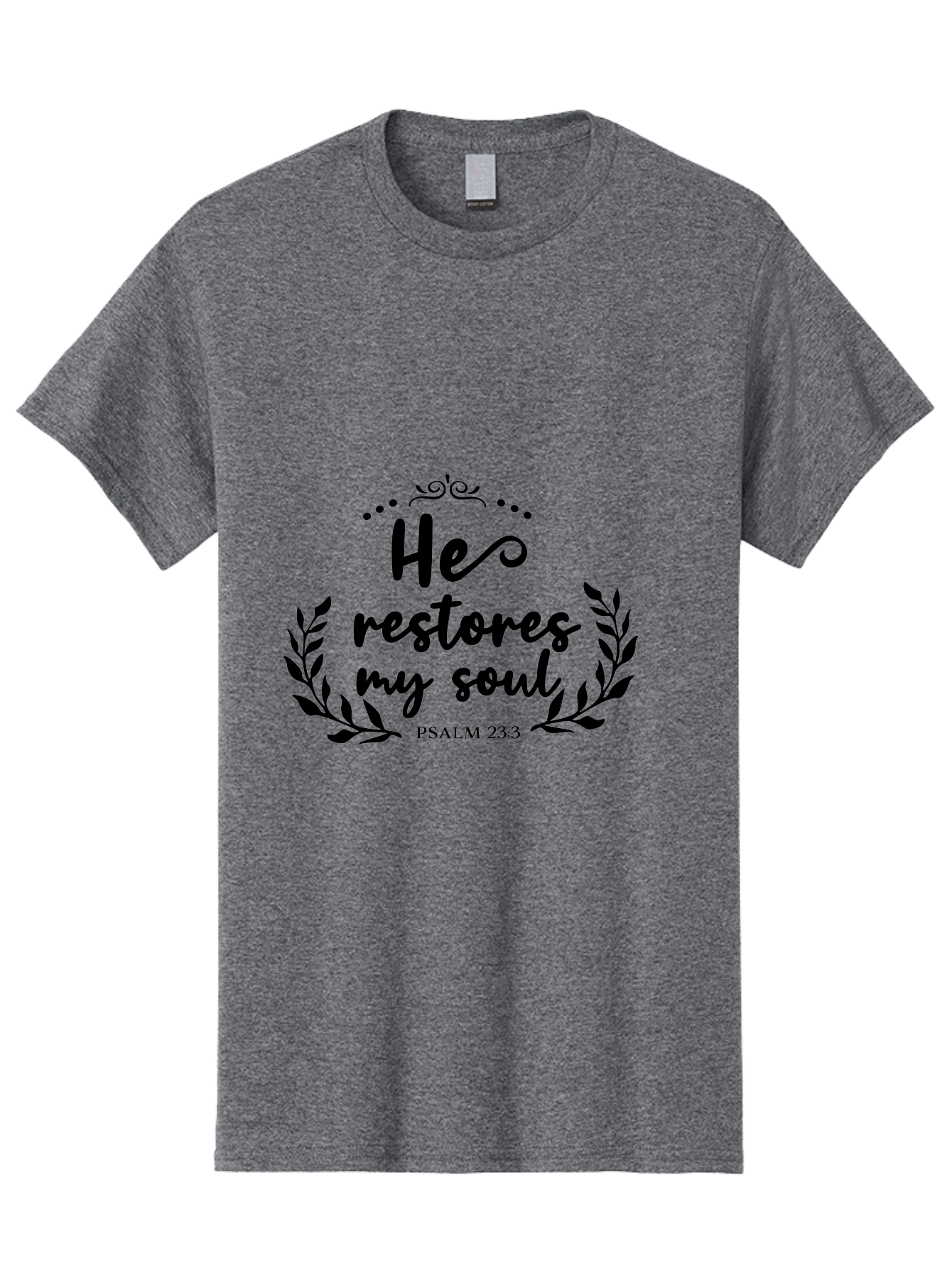 He-Restores-My-Soul Men'S Graphic Tee, 100% Cotton, Comfortable Casual Summer Wear, Machine Washable, Inspirational Quote, Psalm 23:3, Spiritual Message, Faith-Based Design, Motivational Quote, Biblical Verse, Soul Restoration, Leaves Wreath, Aac806 25