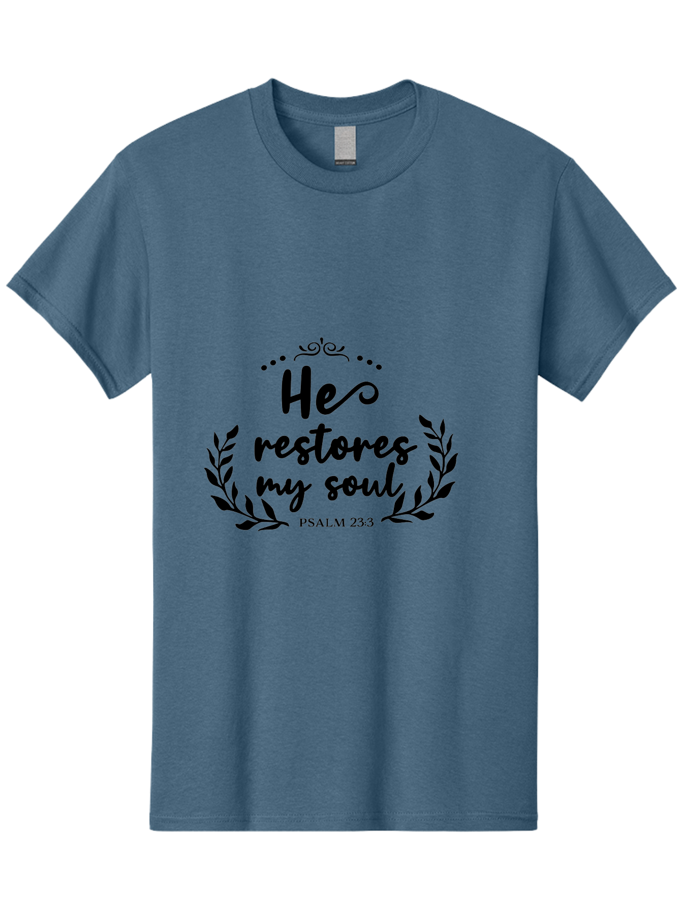 He-Restores-My-Soul Men'S Graphic Tee, 100% Cotton, Comfortable Casual Summer Wear, Machine Washable, Inspirational Quote, Psalm 23:3, Spiritual Message, Faith-Based Design, Motivational Quote, Biblical Verse, Soul Restoration, Leaves Wreath, Aac806 27