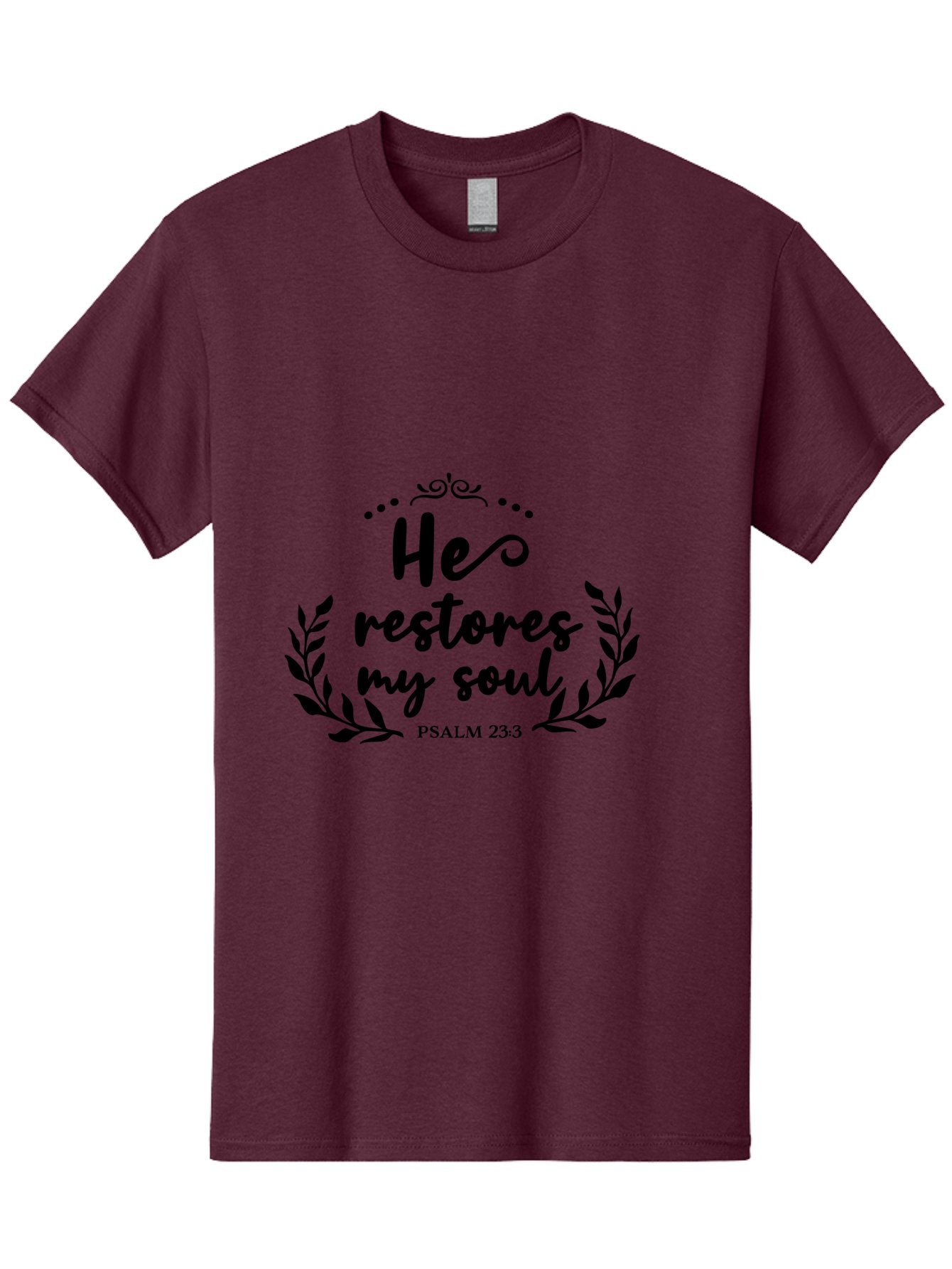 He-Restores-My-Soul Men'S Graphic Tee, 100% Cotton, Comfortable Casual Summer Wear, Machine Washable, Inspirational Quote, Psalm 23:3, Spiritual Message, Faith-Based Design, Motivational Quote, Biblical Verse, Soul Restoration, Leaves Wreath, Aac806 15