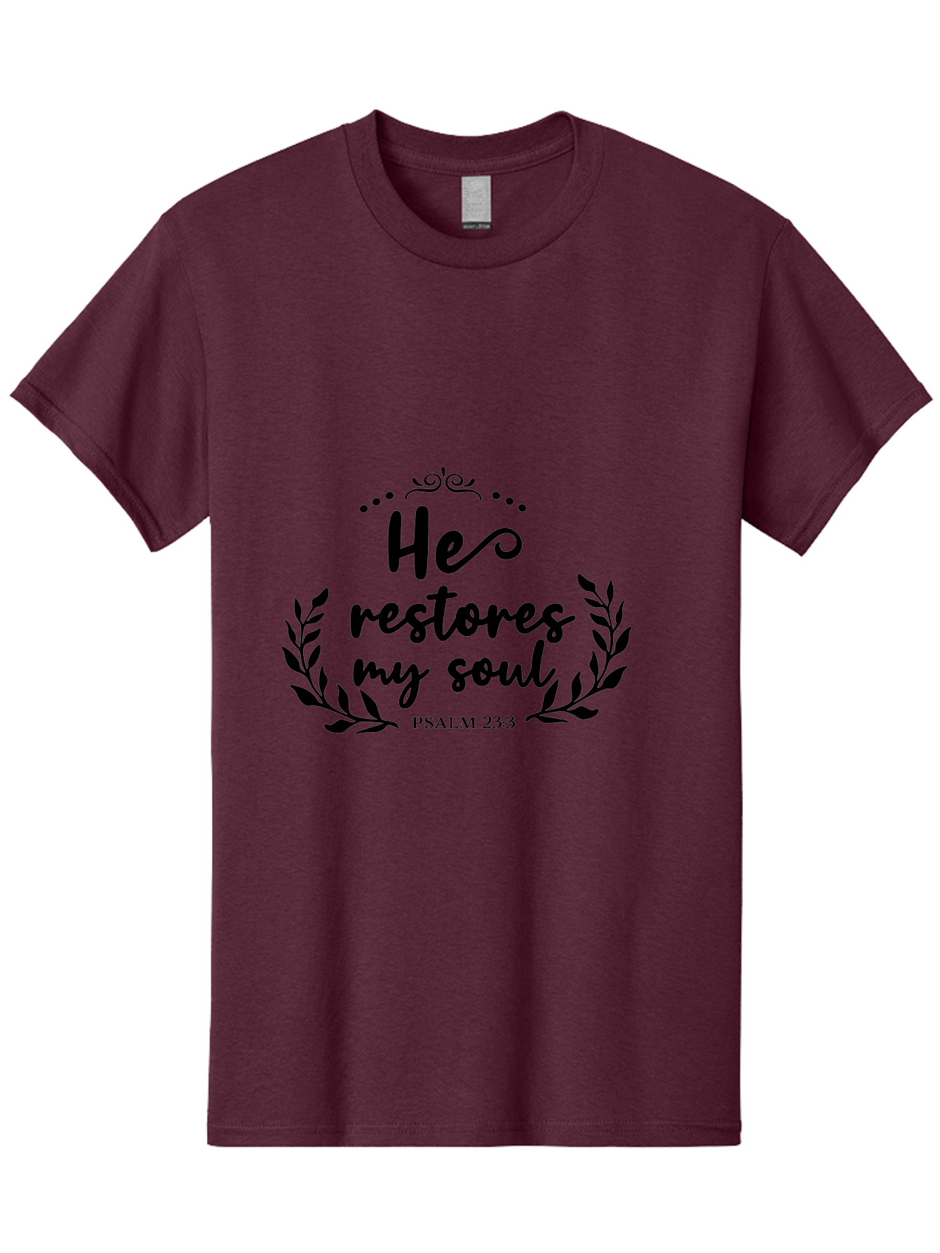 He-Restores-My-Soul Men'S Graphic Tee, 100% Cotton, Comfortable Casual Summer Wear, Machine Washable, Inspirational Quote, Psalm 23:3, Spiritual Message, Faith-Based Design, Motivational Quote, Biblical Verse, Soul Restoration, Leaves Wreath, Aac806