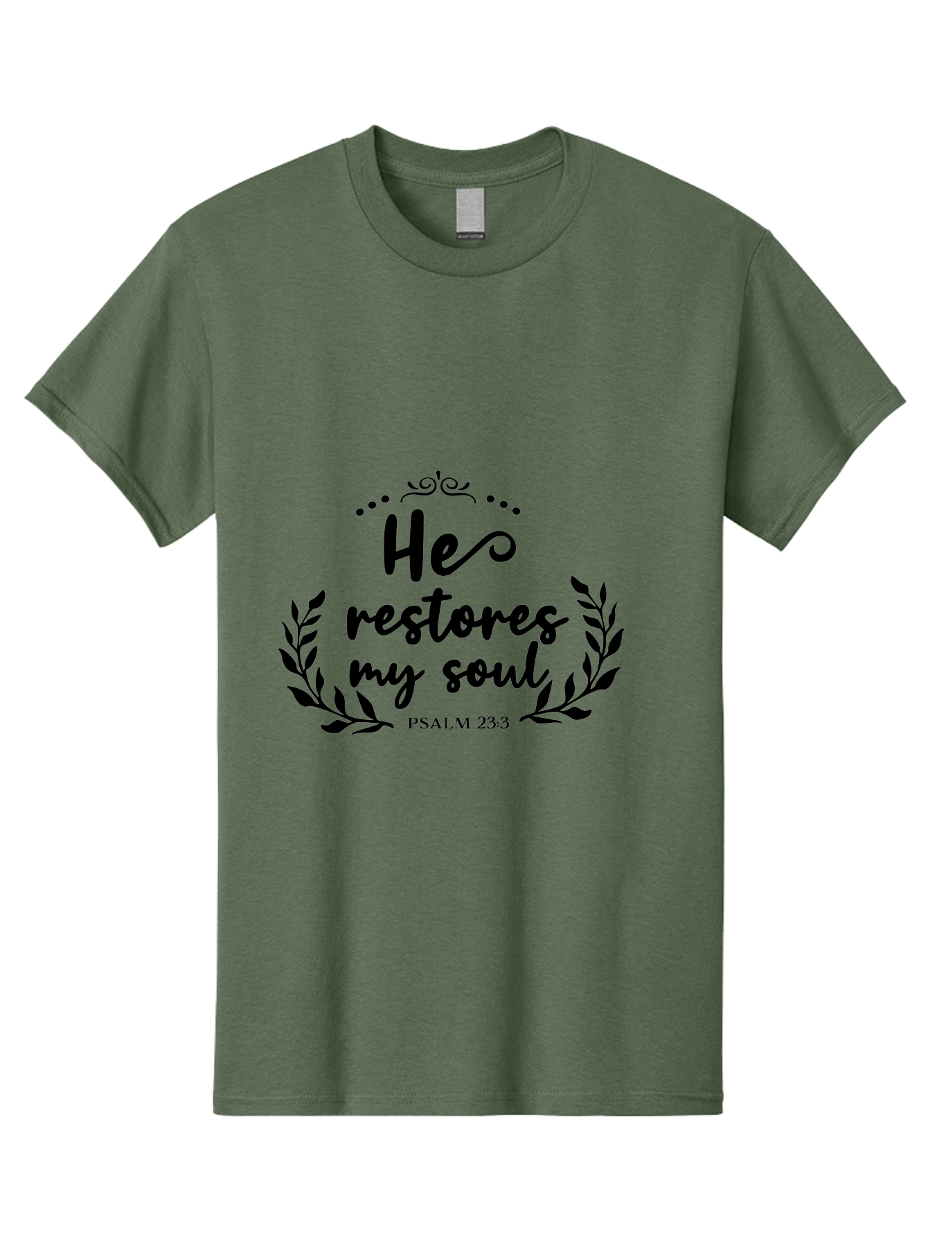 He-Restores-My-Soul Men'S Graphic Tee, 100% Cotton, Comfortable Casual Summer Wear, Machine Washable, Inspirational Quote, Psalm 23:3, Spiritual Message, Faith-Based Design, Motivational Quote, Biblical Verse, Soul Restoration, Leaves Wreath, Aac806 7