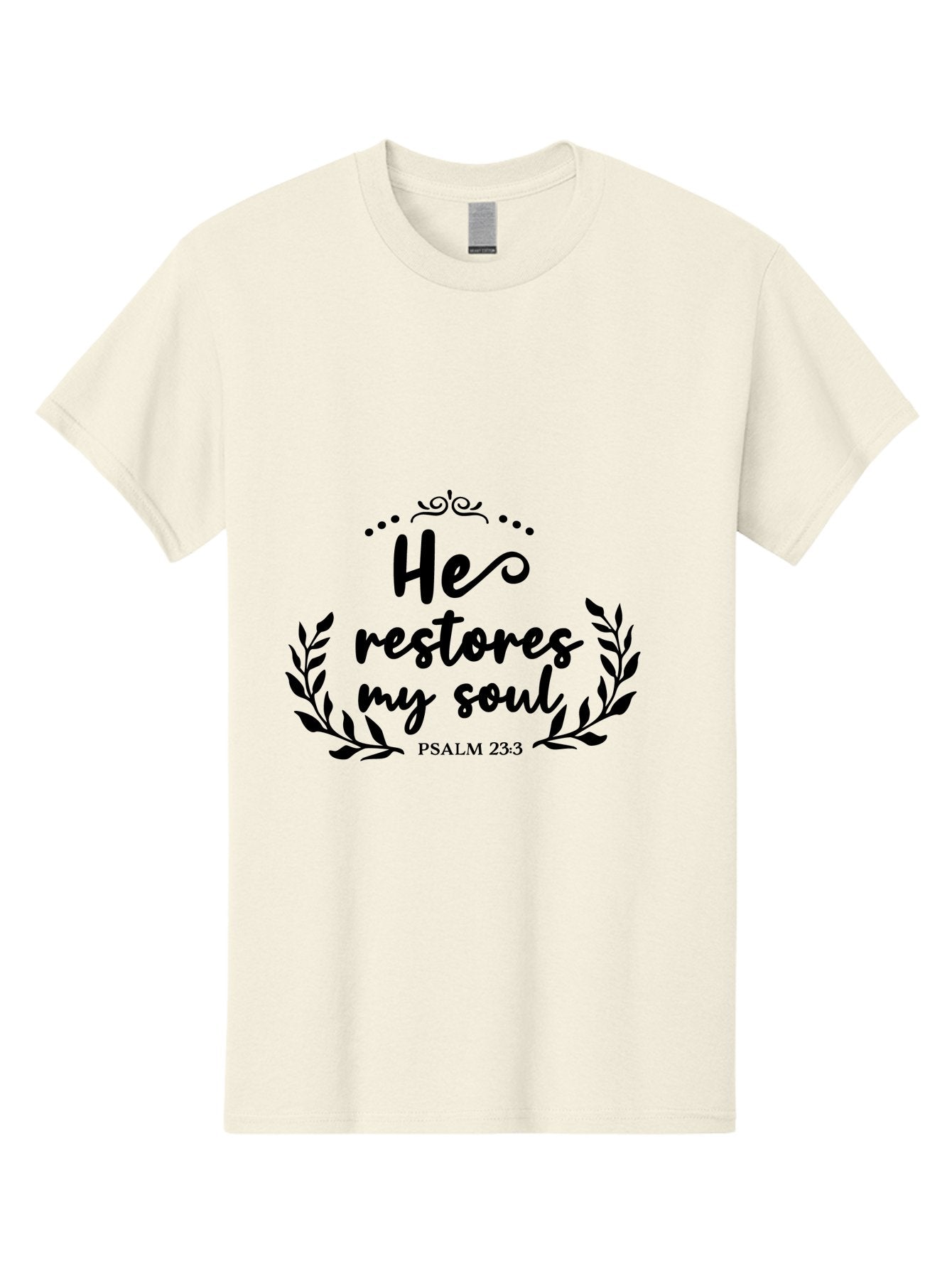 He-Restores-My-Soul Men'S Graphic Tee, 100% Cotton, Comfortable Casual Summer Wear, Machine Washable, Inspirational Quote, Psalm 23:3, Spiritual Message, Faith-Based Design, Motivational Quote, Biblical Verse, Soul Restoration, Leaves Wreath, Aac806 9
