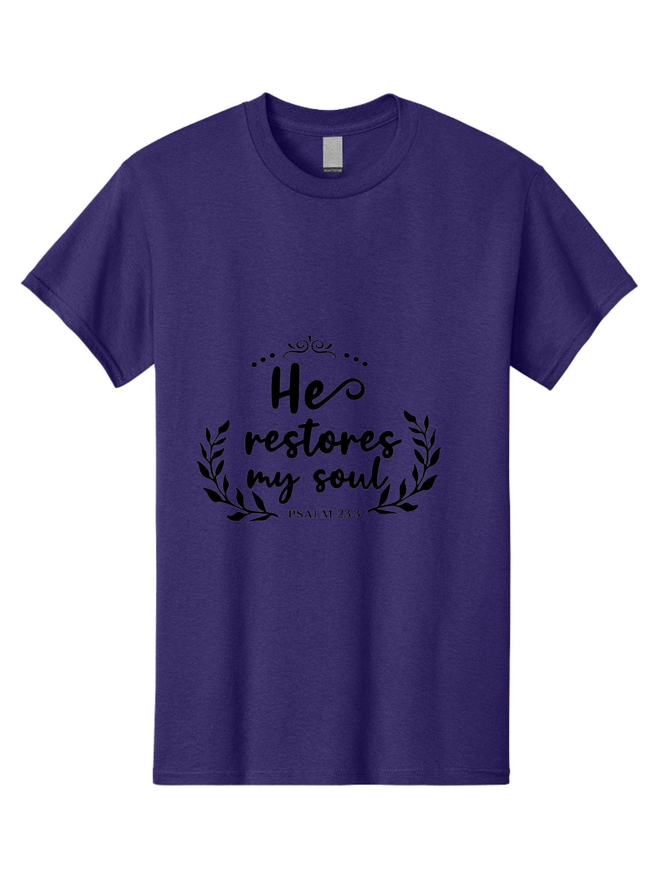 He-Restores-My-Soul Men'S Graphic Tee, 100% Cotton, Comfortable Casual Summer Wear, Machine Washable, Inspirational Quote, Psalm 23:3, Spiritual Message, Faith-Based Design, Motivational Quote, Biblical Verse, Soul Restoration, Leaves Wreath, Aac806 13