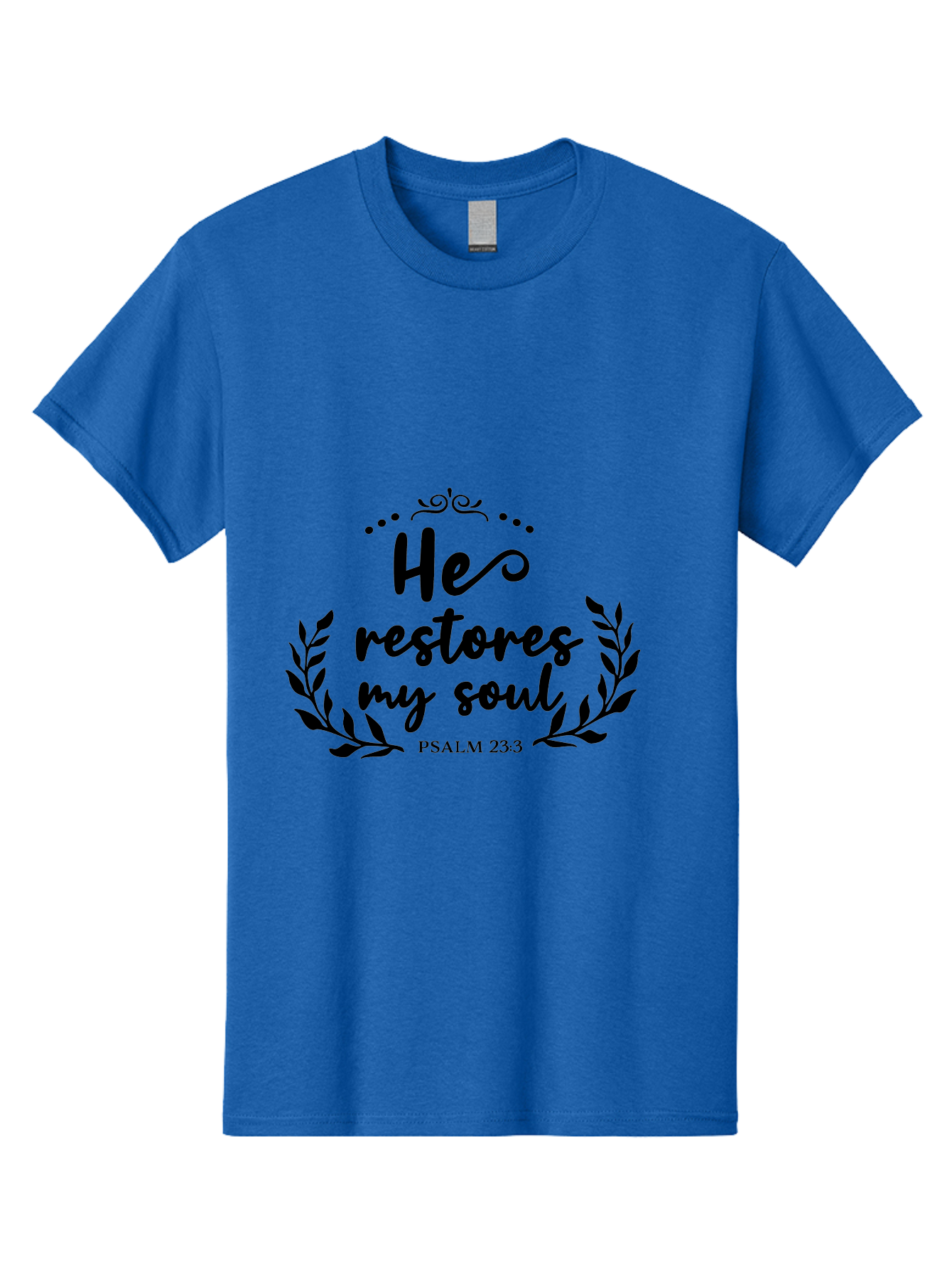 He-Restores-My-Soul Men'S Graphic Tee, 100% Cotton, Comfortable Casual Summer Wear, Machine Washable, Inspirational Quote, Psalm 23:3, Spiritual Message, Faith-Based Design, Motivational Quote, Biblical Verse, Soul Restoration, Leaves Wreath, Aac806 23