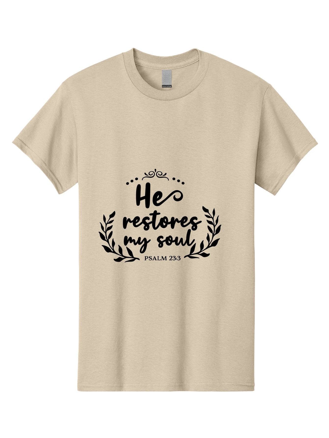 He-Restores-My-Soul Men'S Graphic Tee, 100% Cotton, Comfortable Casual Summer Wear, Machine Washable, Inspirational Quote, Psalm 23:3, Spiritual Message, Faith-Based Design, Motivational Quote, Biblical Verse, Soul Restoration, Leaves Wreath, Aac806 14