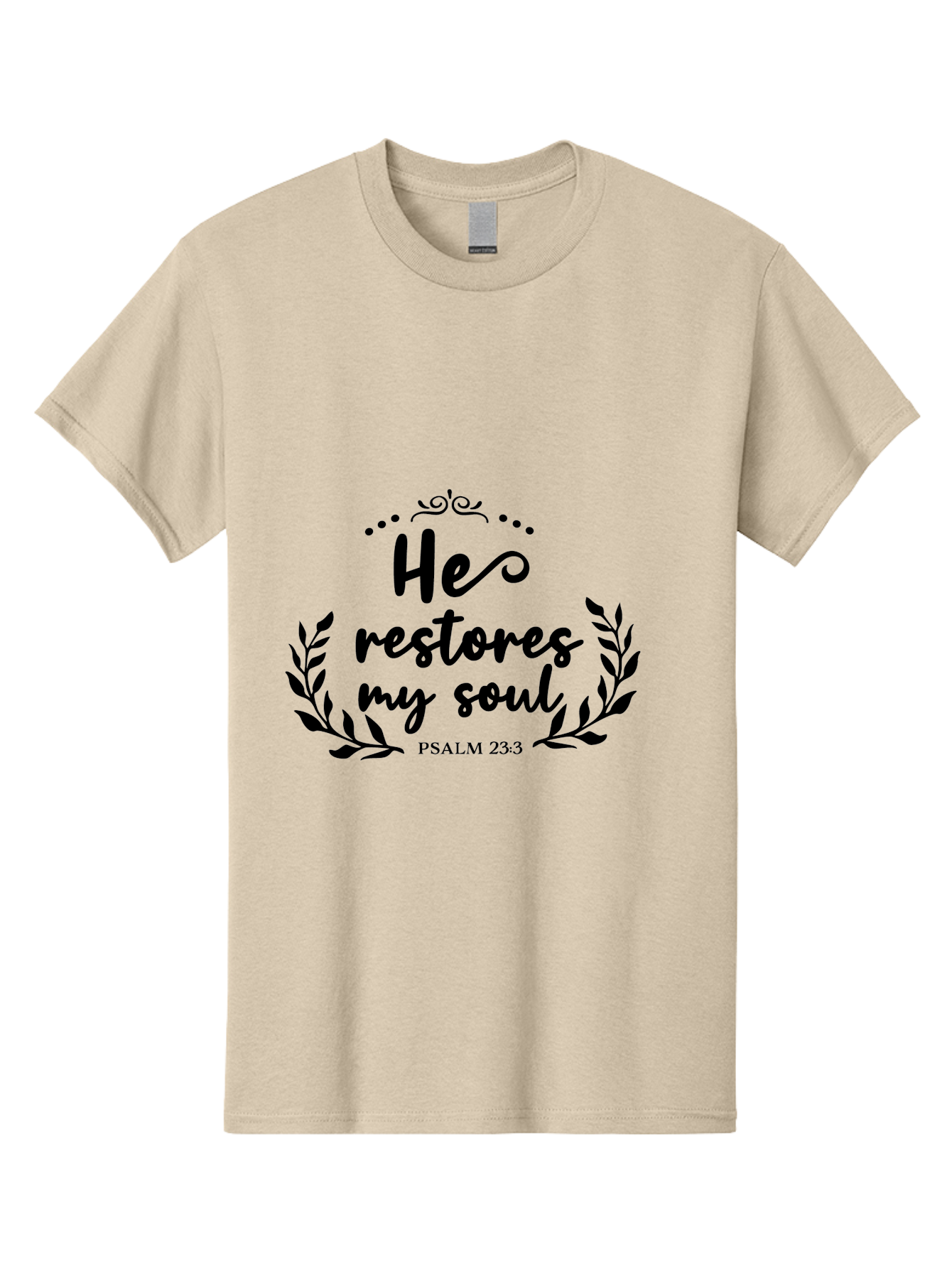 He-Restores-My-Soul Men'S Graphic Tee, 100% Cotton, Comfortable Casual Summer Wear, Machine Washable, Inspirational Quote, Psalm 23:3, Spiritual Message, Faith-Based Design, Motivational Quote, Biblical Verse, Soul Restoration, Leaves Wreath, Aac806 3