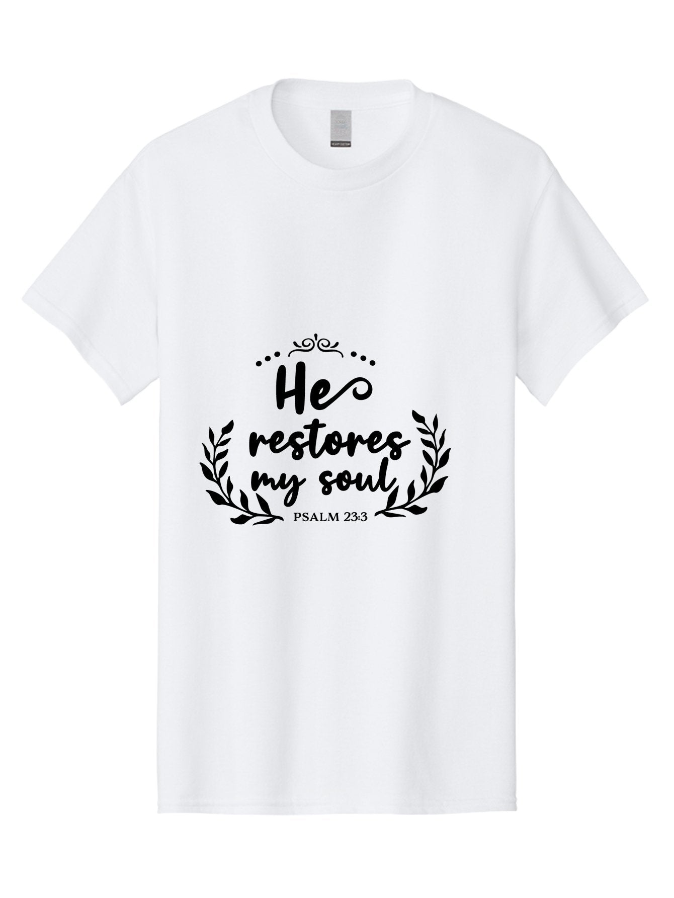 He-Restores-My-Soul Men'S Graphic Tee, 100% Cotton, Comfortable Casual Summer Wear, Machine Washable, Inspirational Quote, Psalm 23:3, Spiritual Message, Faith-Based Design, Motivational Quote, Biblical Verse, Soul Restoration, Leaves Wreath, Aac806 8