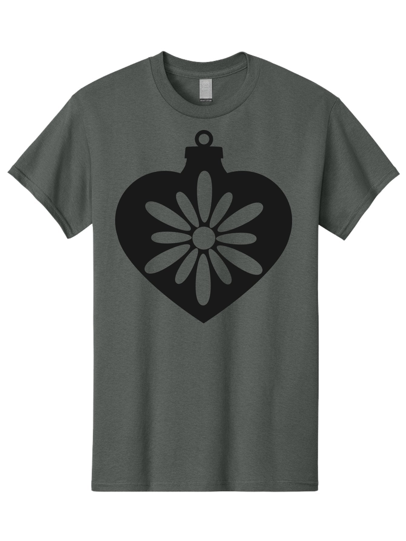 Heart-Ornament-With-Flower Men'S Graphic Tee, 100% Cotton, Comfortable Casual Summer Wear, Machine Washable, Heart Shaped Ornament, Floral Design, Flower Pattern, Black Silhouette, Green Accents, Christmas Decoration, Festive Symbol, Aac809 5