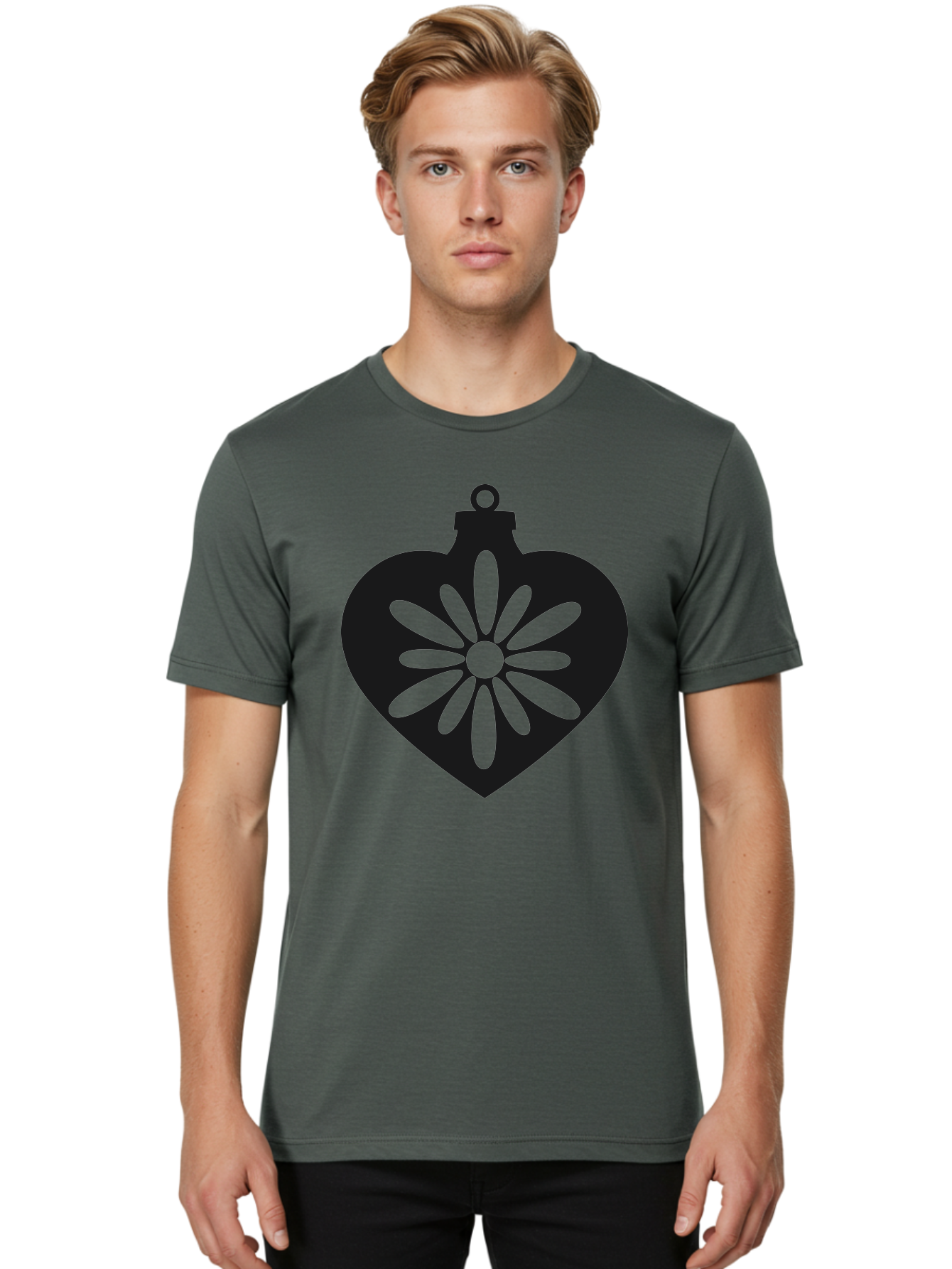 Heart-Ornament-With-Flower Men'S Graphic Tee, 100% Cotton, Comfortable Casual Summer Wear, Machine Washable, Heart Shaped Ornament, Floral Design, Flower Pattern, Black Silhouette, Green Accents, Christmas Decoration, Festive Symbol, Aac809 16