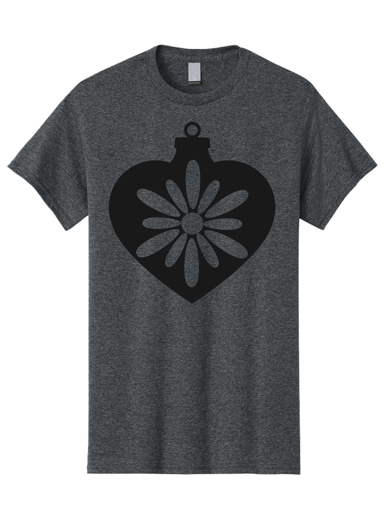 Heart-Ornament-With-Flower Men'S Graphic Tee, 100% Cotton, Comfortable Casual Summer Wear, Machine Washable, Heart Shaped Ornament, Floral Design, Flower Pattern, Black Silhouette, Green Accents, Christmas Decoration, Festive Symbol, Aac809