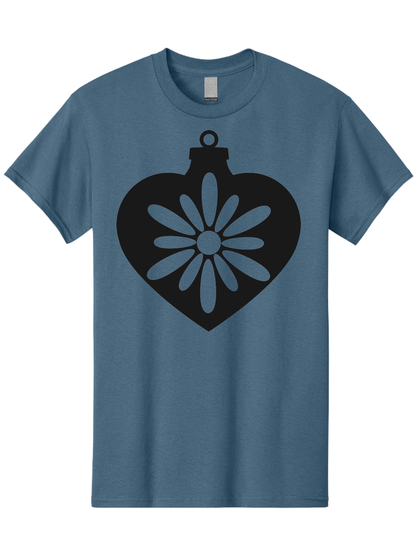 Heart-Ornament-With-Flower Men'S Graphic Tee, 100% Cotton, Comfortable Casual Summer Wear, Machine Washable, Heart Shaped Ornament, Floral Design, Flower Pattern, Black Silhouette, Green Accents, Christmas Decoration, Festive Symbol, Aac809 23