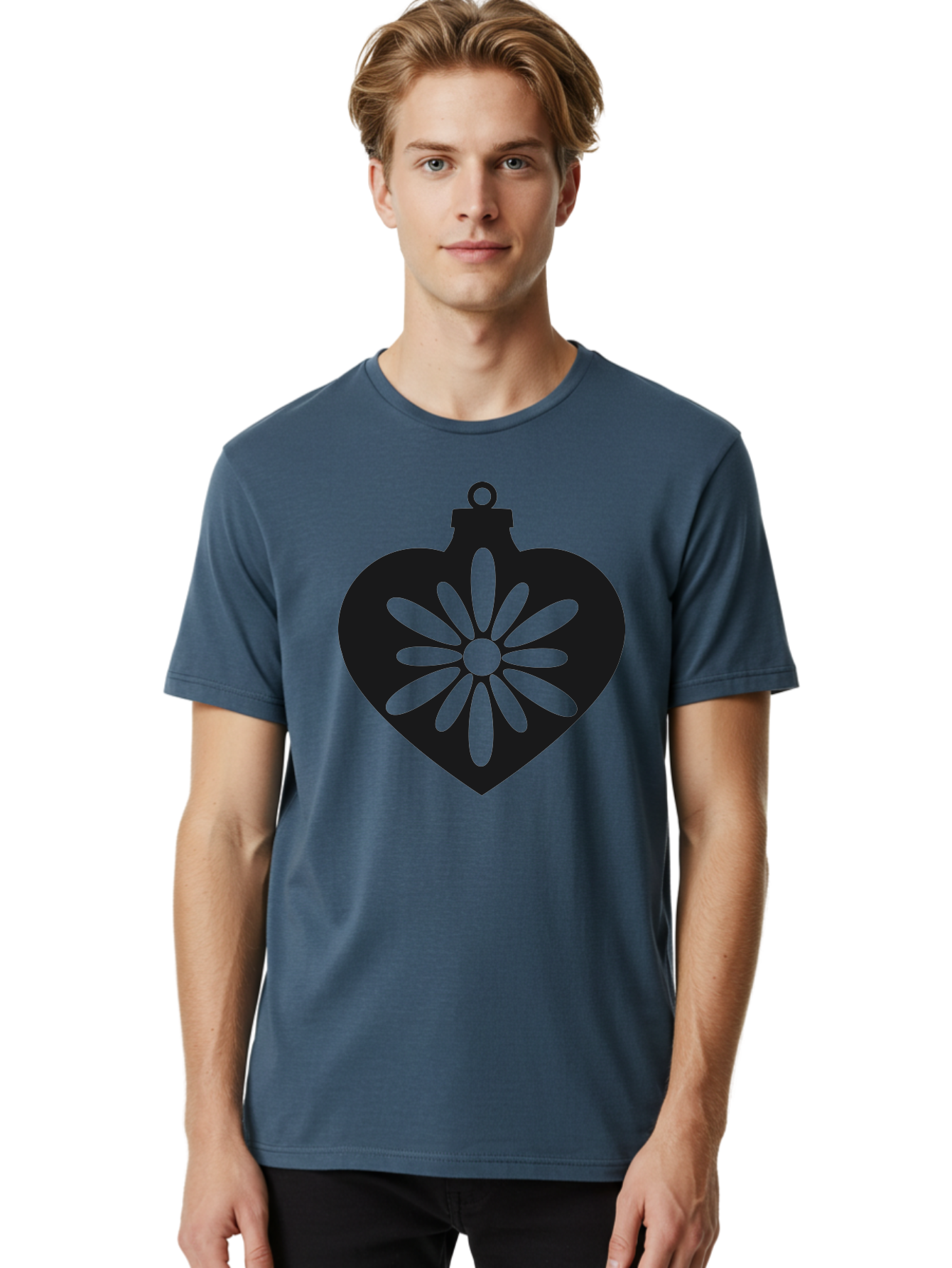 Heart-Ornament-With-Flower Men'S Graphic Tee, 100% Cotton, Comfortable Casual Summer Wear, Machine Washable, Heart Shaped Ornament, Floral Design, Flower Pattern, Black Silhouette, Green Accents, Christmas Decoration, Festive Symbol, Aac809 24