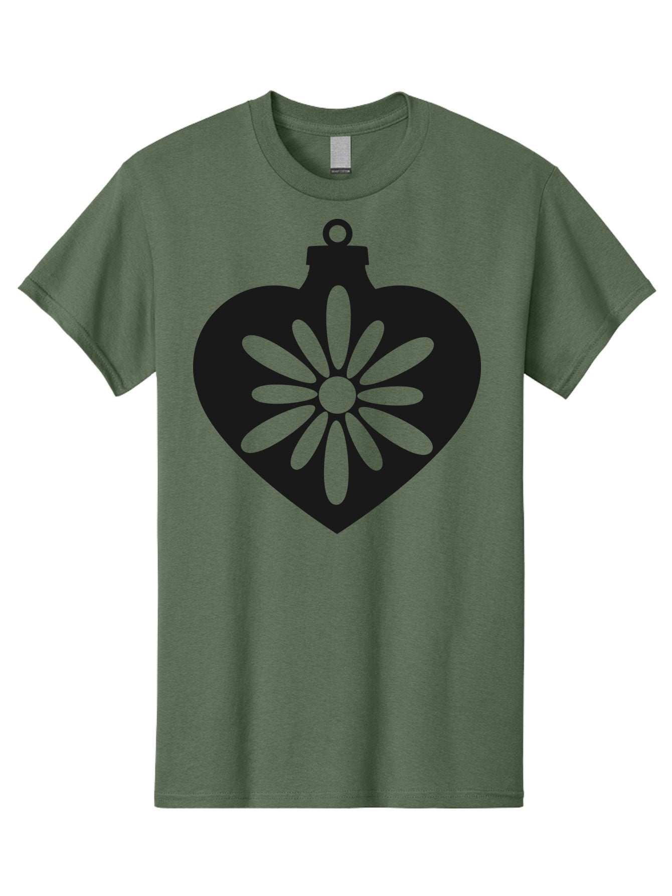 Heart-Ornament-With-Flower Men'S Graphic Tee, 100% Cotton, Comfortable Casual Summer Wear, Machine Washable, Heart Shaped Ornament, Floral Design, Flower Pattern, Black Silhouette, Green Accents, Christmas Decoration, Festive Symbol, Aac809 12