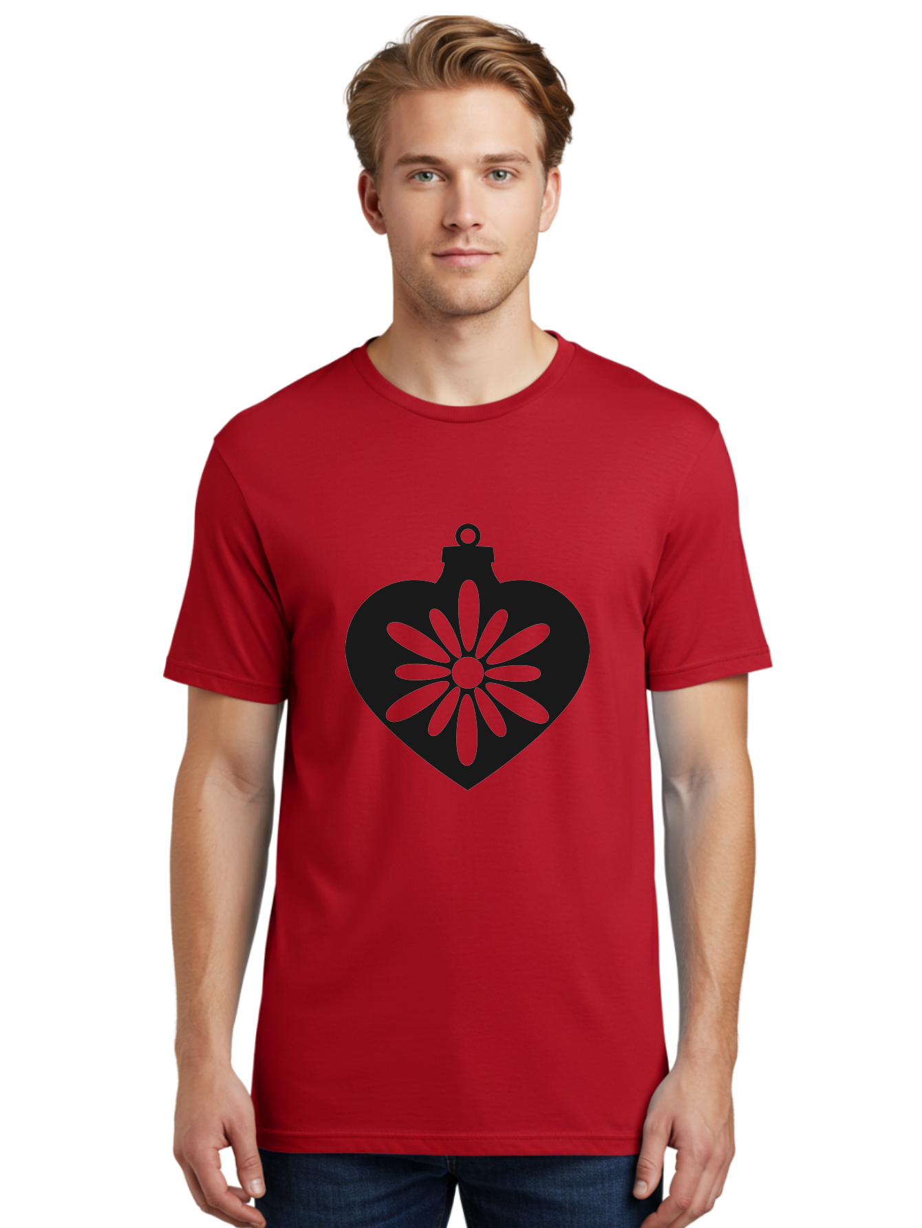 Heart-Ornament-With-Flower Men'S Graphic Tee, 100% Cotton, Comfortable Casual Summer Wear, Machine Washable, Heart Shaped Ornament, Floral Design, Flower Pattern, Black Silhouette, Green Accents, Christmas Decoration, Festive Symbol, Aac809 28
