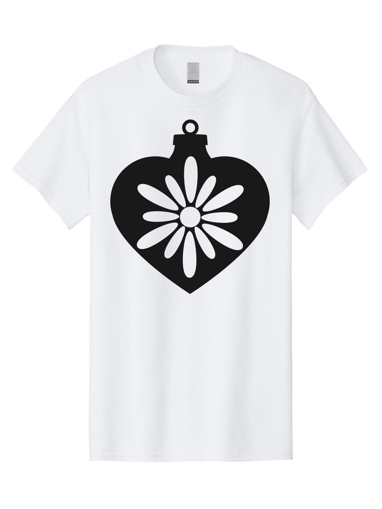 Heart-Ornament-With-Flower Men'S Graphic Tee, 100% Cotton, Comfortable Casual Summer Wear, Machine Washable, Heart Shaped Ornament, Floral Design, Flower Pattern, Black Silhouette, Green Accents, Christmas Decoration, Festive Symbol, Aac809