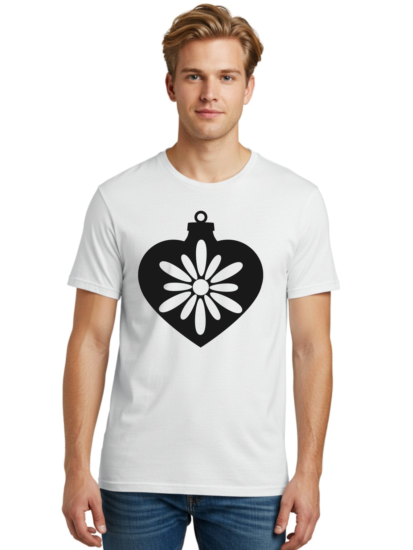 Heart-Ornament-With-Flower Men'S Graphic Tee, 100% Cotton, Comfortable Casual Summer Wear, Machine Washable, Heart Shaped Ornament, Floral Design, Flower Pattern, Black Silhouette, Green Accents, Christmas Decoration, Festive Symbol, Aac809 21