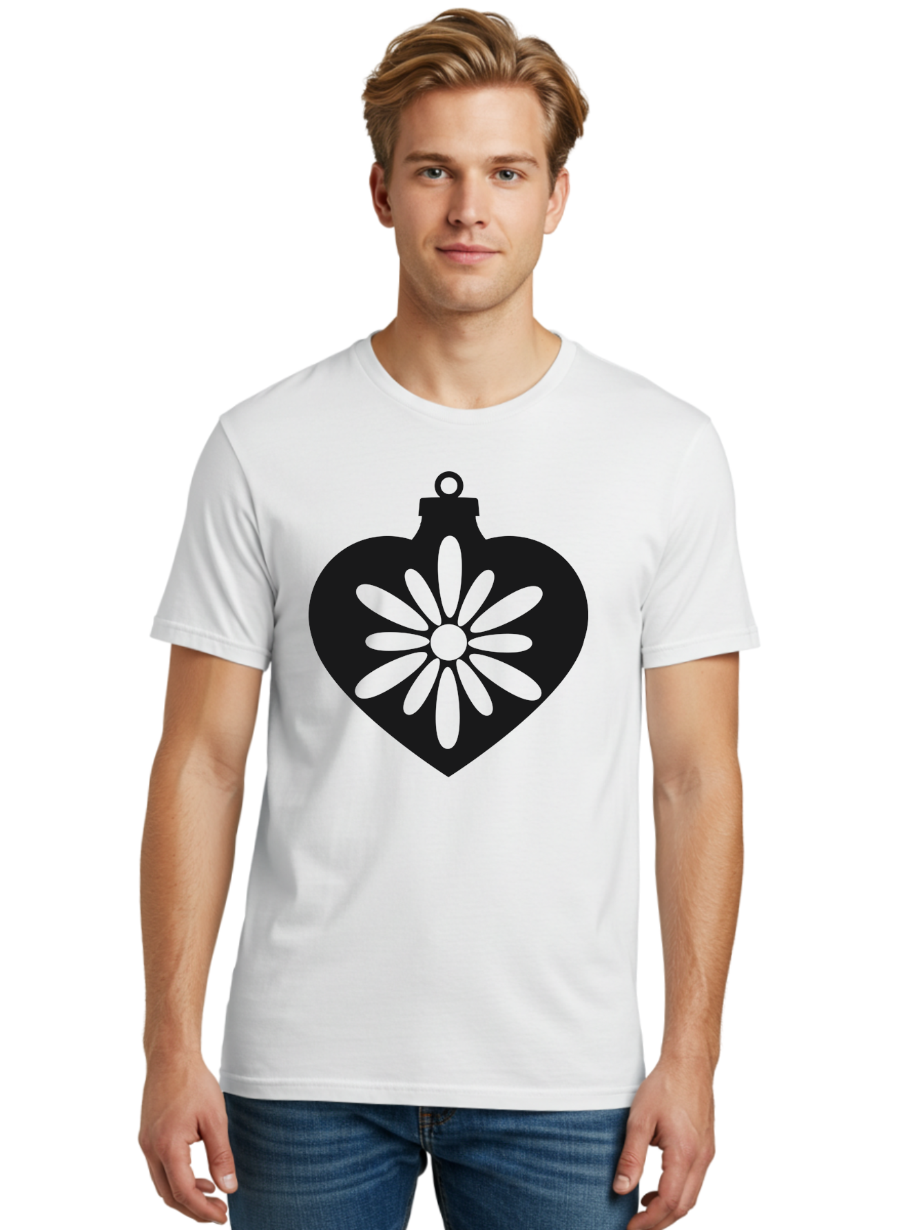 Heart-Ornament-With-Flower Men'S Graphic Tee, 100% Cotton, Comfortable Casual Summer Wear, Machine Washable, Heart Shaped Ornament, Floral Design, Flower Pattern, Black Silhouette, Green Accents, Christmas Decoration, Festive Symbol, Aac809 20
