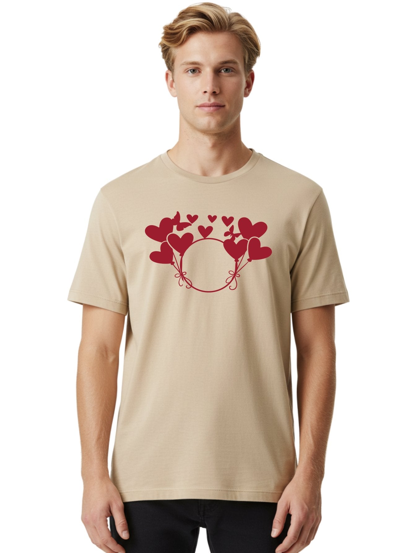 Heart-Wreath Men'S Graphic Tee, 100% Cotton, Comfortable Casual Summer Wear, Machine Washable, Heart-Shaped Frame, Floral Wreath, Red Hearts, Love Symbol, Decorative Border, Heart Design, Romantic Theme, Valentines Day Aac810 25