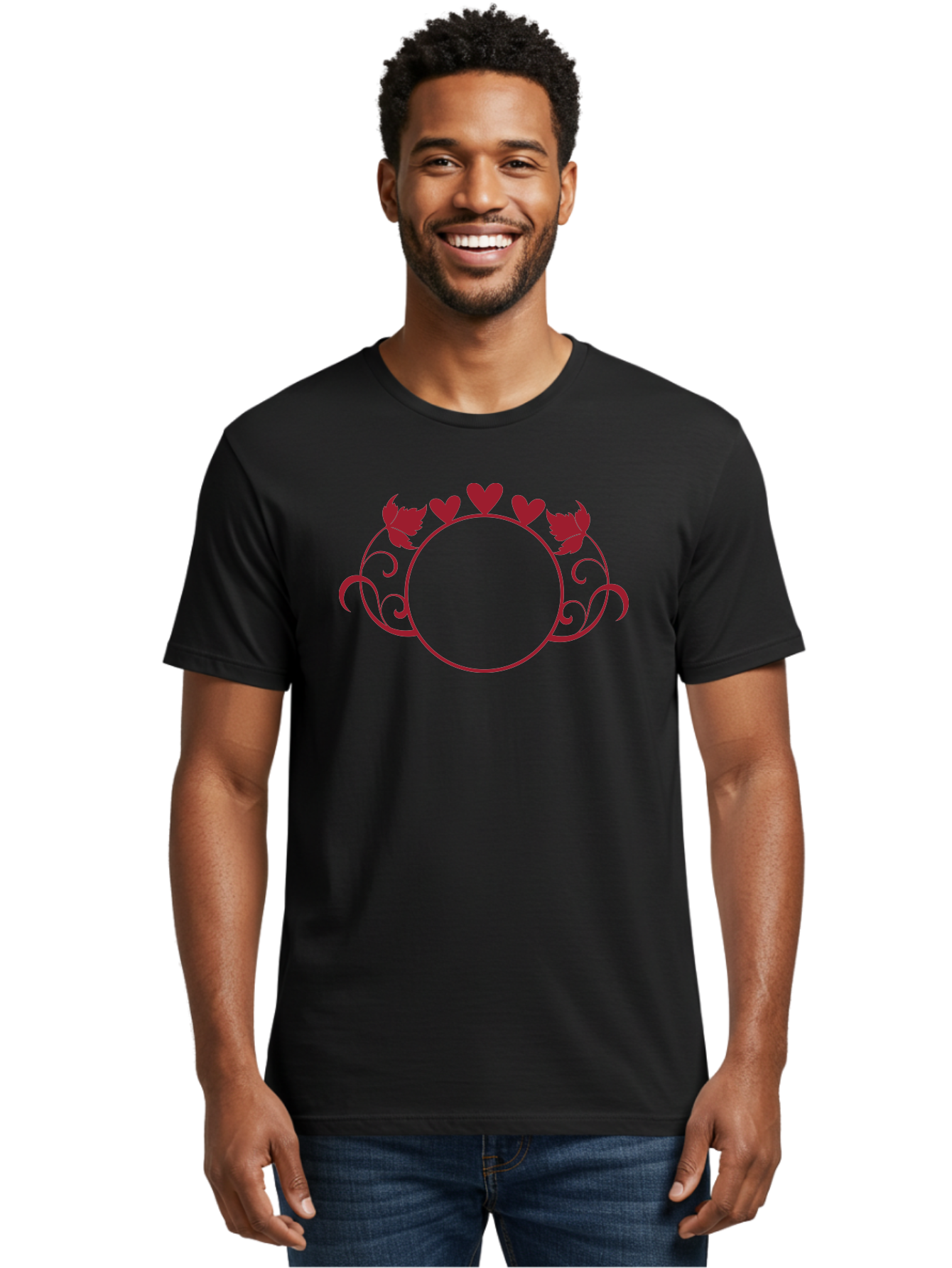 Hearts-And-Leaves-Circle Men'S Graphic Tee, 100% Cotton, Comfortable Casual Summer Wear, Machine Washable, Red Hearts, Leaves, Floral Frame, Decorative Border, Valentines Day Theme, Romantic Design, Elegant Frame, Love Symbol, Heart Shaped, Aac811 4