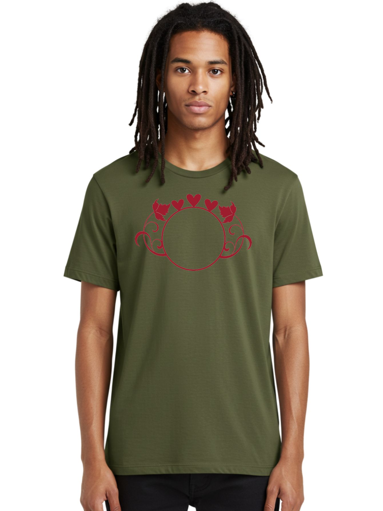 Hearts-And-Leaves-Circle Men'S Graphic Tee, 100% Cotton, Comfortable Casual Summer Wear, Machine Washable, Red Hearts, Leaves, Floral Frame, Decorative Border, Valentines Day Theme, Romantic Design, Elegant Frame, Love Symbol, Heart Shaped, Aac811