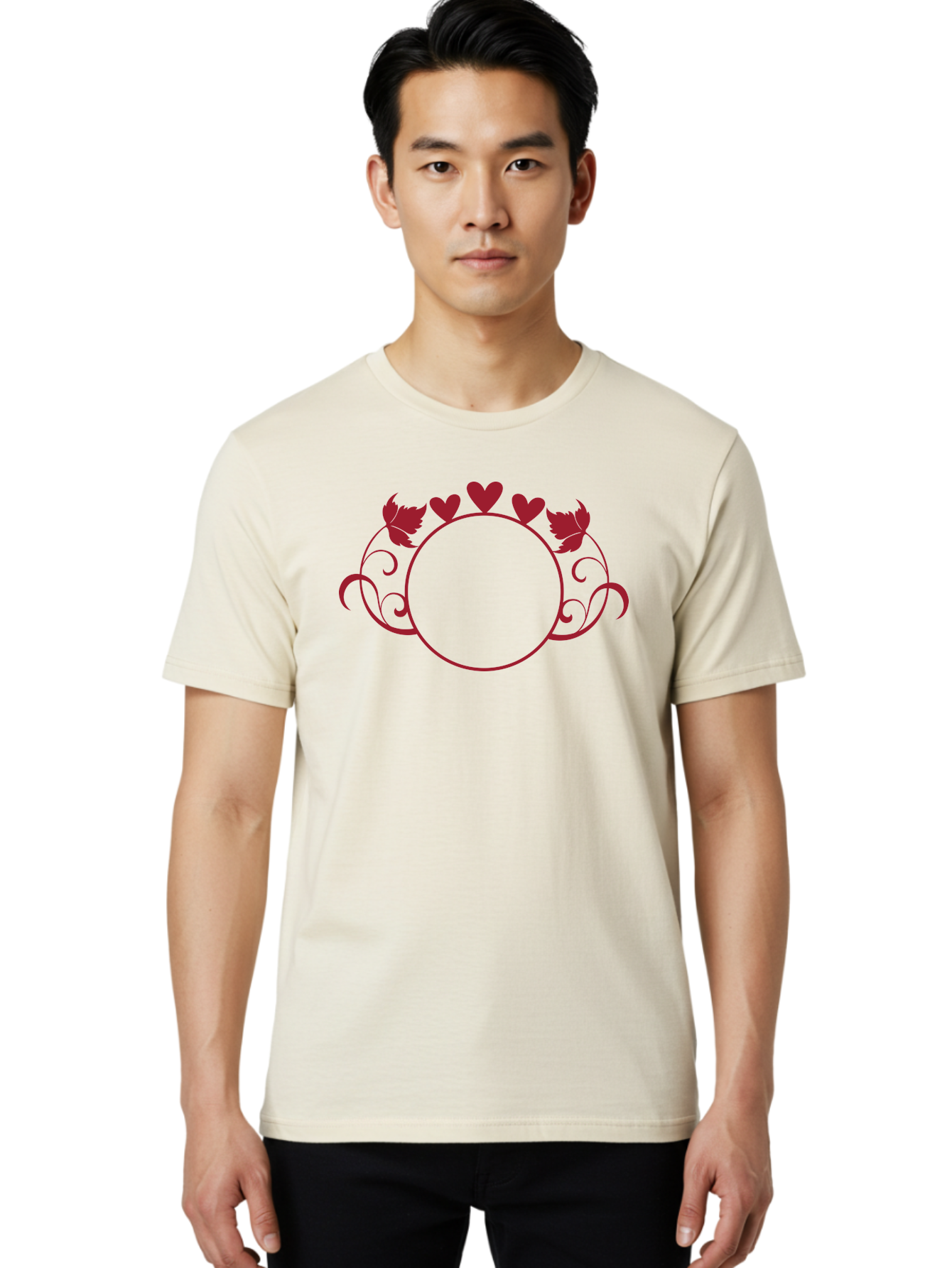 Hearts-And-Leaves-Circle Men'S Graphic Tee, 100% Cotton, Comfortable Casual Summer Wear, Machine Washable, Red Hearts, Leaves, Floral Frame, Decorative Border, Valentines Day Theme, Romantic Design, Elegant Frame, Love Symbol, Heart Shaped, Aac811 12