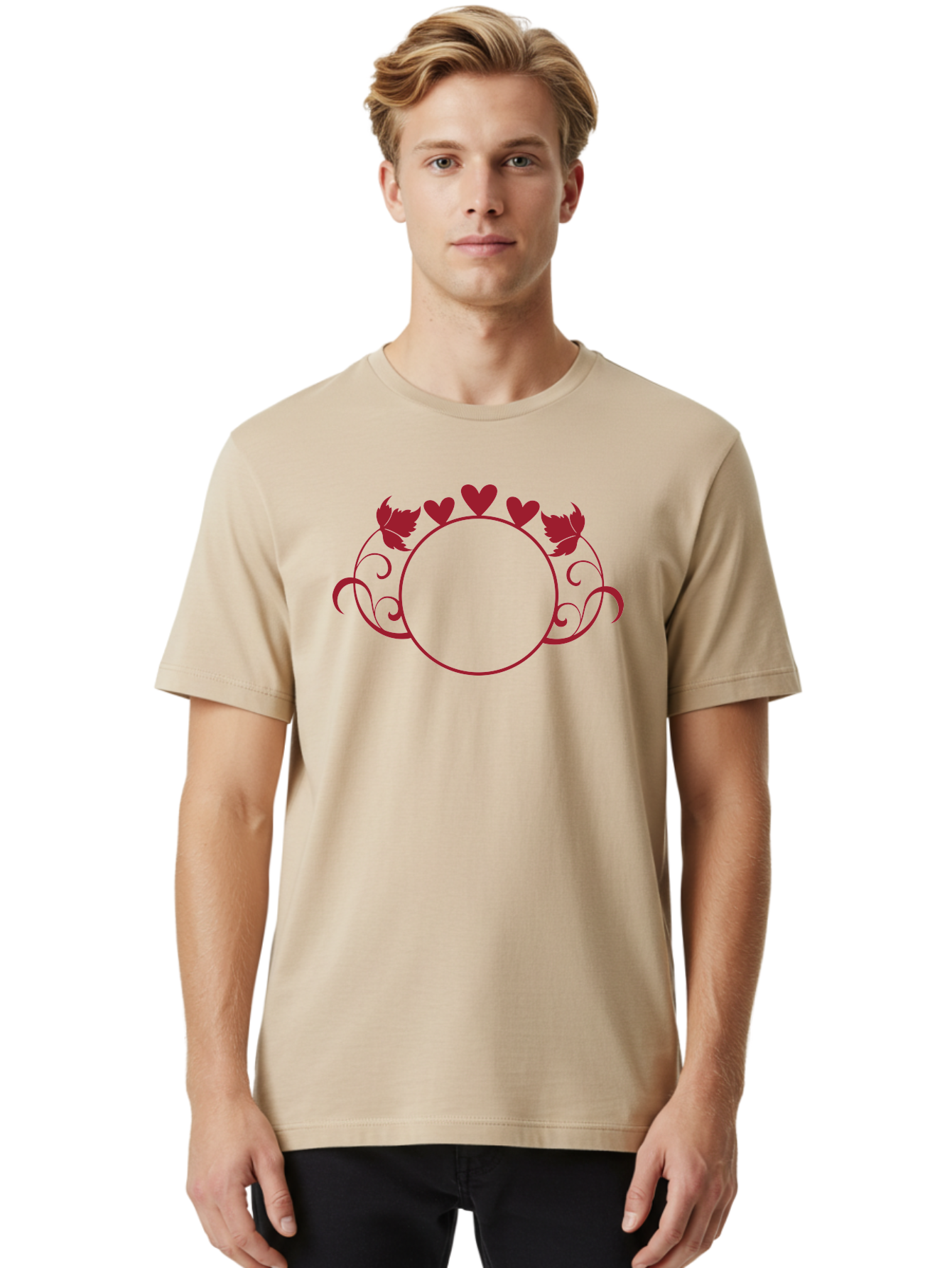 Hearts-And-Leaves-Circle Men'S Graphic Tee, 100% Cotton, Comfortable Casual Summer Wear, Machine Washable, Red Hearts, Leaves, Floral Frame, Decorative Border, Valentines Day Theme, Romantic Design, Elegant Frame, Love Symbol, Heart Shaped, Aac811 16