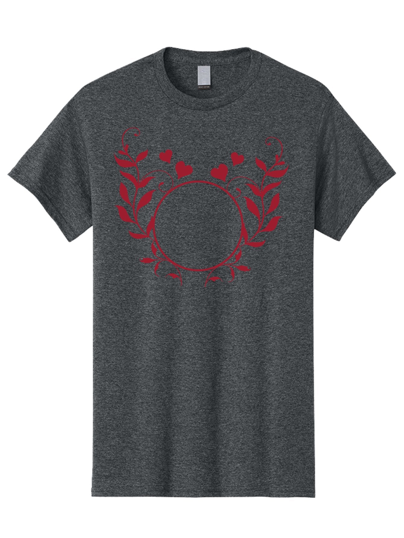 Hearts-And-Vines-Frame Men'S Graphic Tee, 100% Cotton, Comfortable Casual Summer Wear, Machine Washable, Floral Wreath, Red Hearts, Circle Frame, Elegant Design, Romantic Elements, Decorative Border, Heart Motif, Vine Pattern, Classic Style Aac812