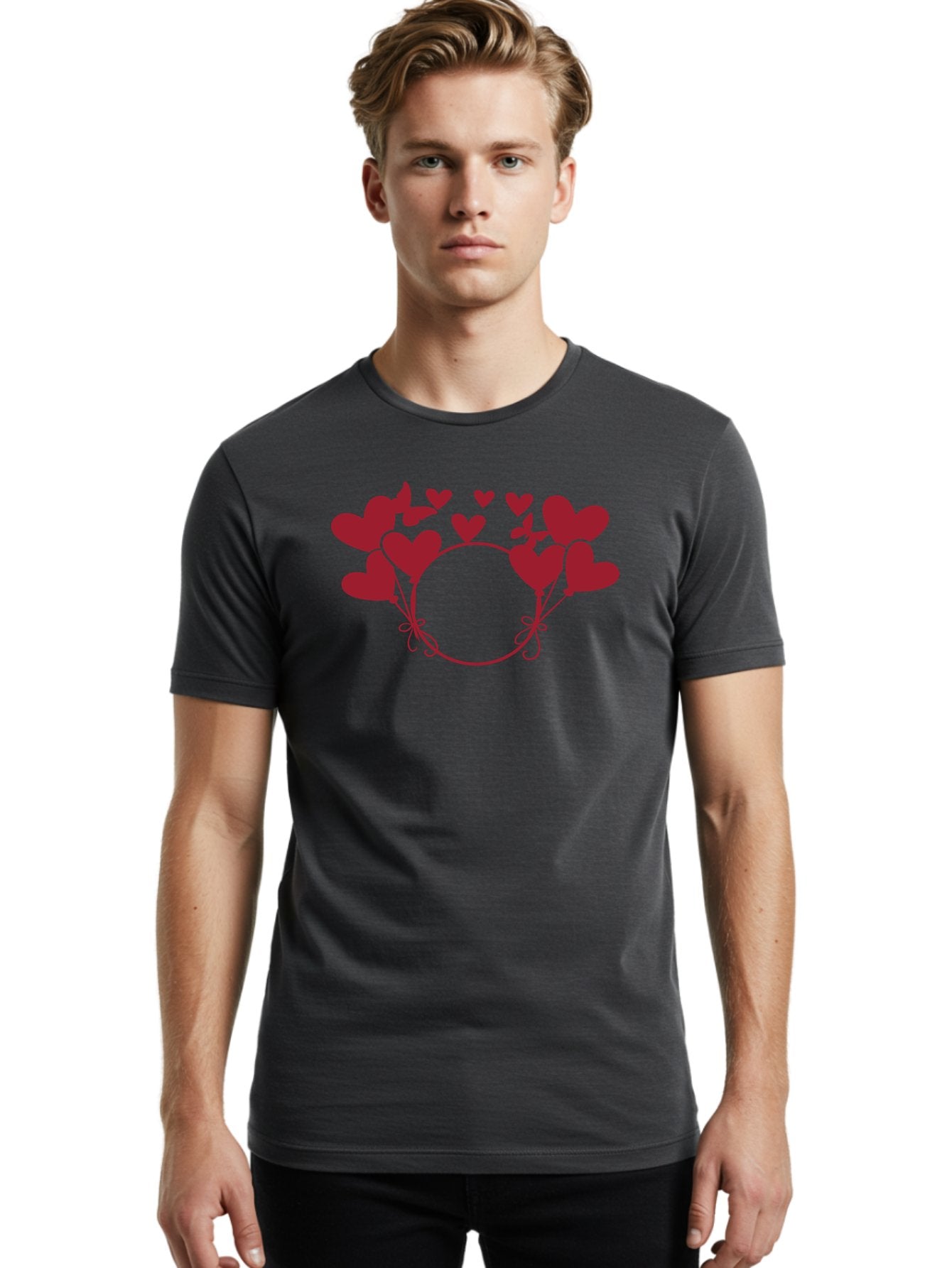 Hearts-Wreath Men'S Graphic Tee, 100% Cotton, Comfortable Casual Summer Wear, Machine Washable, Heart Shaped Frame, Floral Frame, Red Hearts, Heart Decoration, Valentines Day Decor, Love Theme, Heart Shaped Flowers, Decorative Frame, Aac813 23