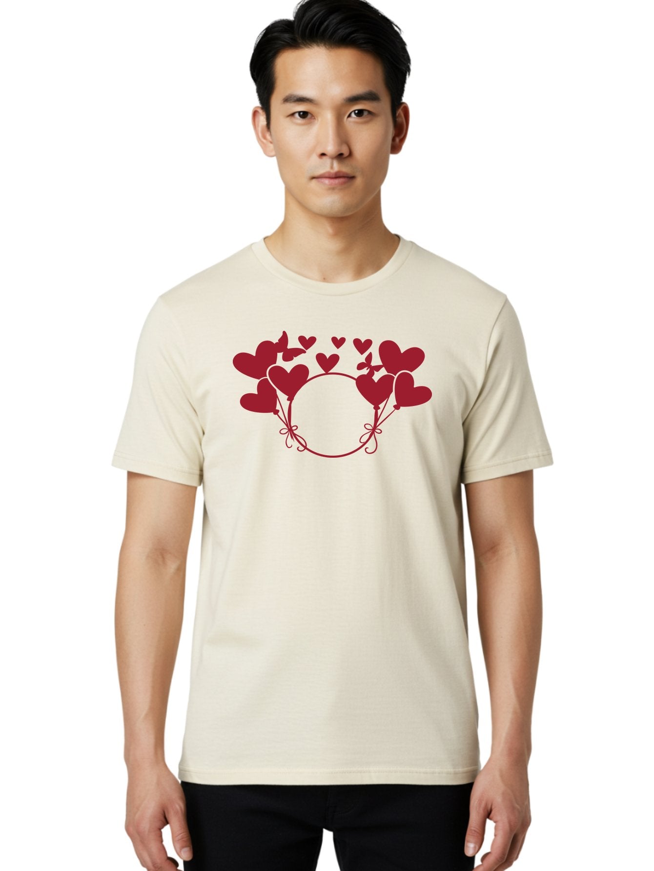 Hearts-Wreath Men'S Graphic Tee, 100% Cotton, Comfortable Casual Summer Wear, Machine Washable, Heart Shaped Frame, Floral Frame, Red Hearts, Heart Decoration, Valentines Day Decor, Love Theme, Heart Shaped Flowers, Decorative Frame, Aac813 21