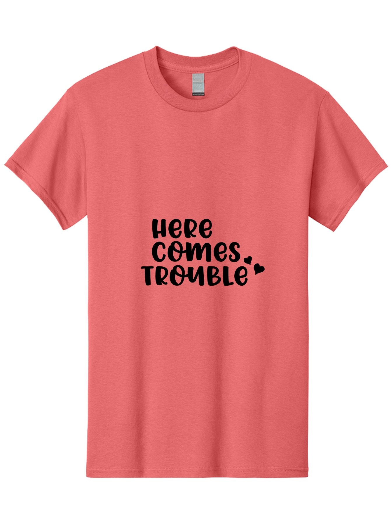 Here-Comes-Trouble Men'S Graphic Tee, 100% Cotton, Comfortable Casual Summer Wear, Machine Washable, Funny Quote, Trouble Ahead, Playful Typography, Black Text, Heart Symbols, Humorous Phrase, Trouble, Cute Hearts Aac816 3