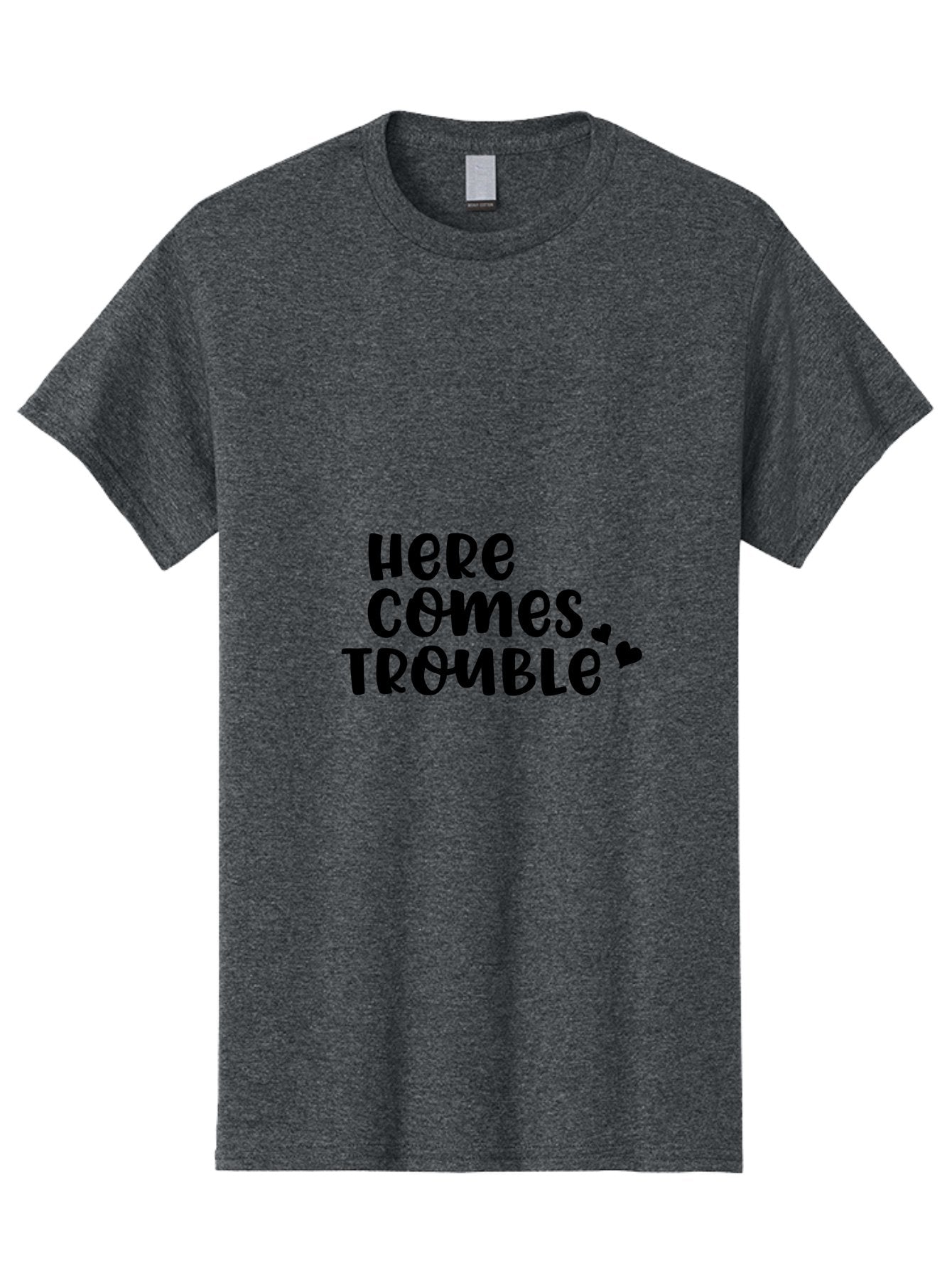 Here-Comes-Trouble Men'S Graphic Tee, 100% Cotton, Comfortable Casual Summer Wear, Machine Washable, Funny Quote, Trouble Ahead, Playful Typography, Black Text, Heart Symbols, Humorous Phrase, Trouble, Cute Hearts Aac816 5