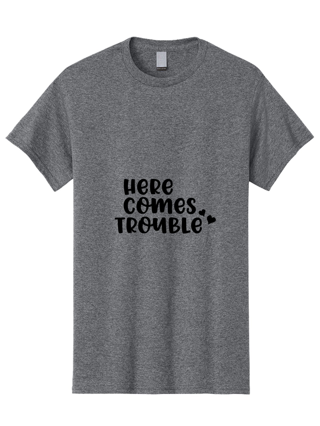 Here-Comes-Trouble Men'S Graphic Tee, 100% Cotton, Comfortable Casual Summer Wear, Machine Washable, Funny Quote, Trouble Ahead, Playful Typography, Black Text, Heart Symbols, Humorous Phrase, Trouble, Cute Hearts Aac816 10