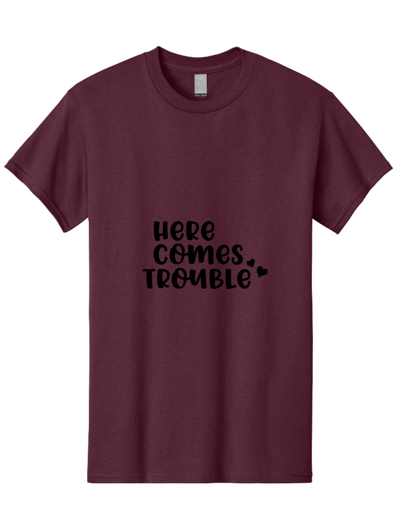 Here-Comes-Trouble Men'S Graphic Tee, 100% Cotton, Comfortable Casual Summer Wear, Machine Washable, Funny Quote, Trouble Ahead, Playful Typography, Black Text, Heart Symbols, Humorous Phrase, Trouble, Cute Hearts Aac816 14
