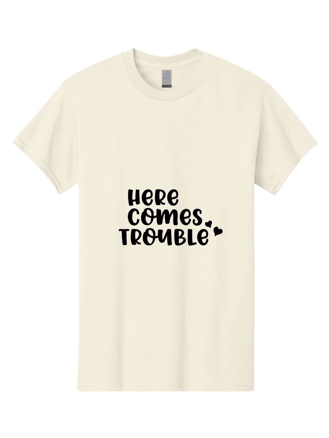 Here-Comes-Trouble Men'S Graphic Tee, 100% Cotton, Comfortable Casual Summer Wear, Machine Washable, Funny Quote, Trouble Ahead, Playful Typography, Black Text, Heart Symbols, Humorous Phrase, Trouble, Cute Hearts Aac816 13